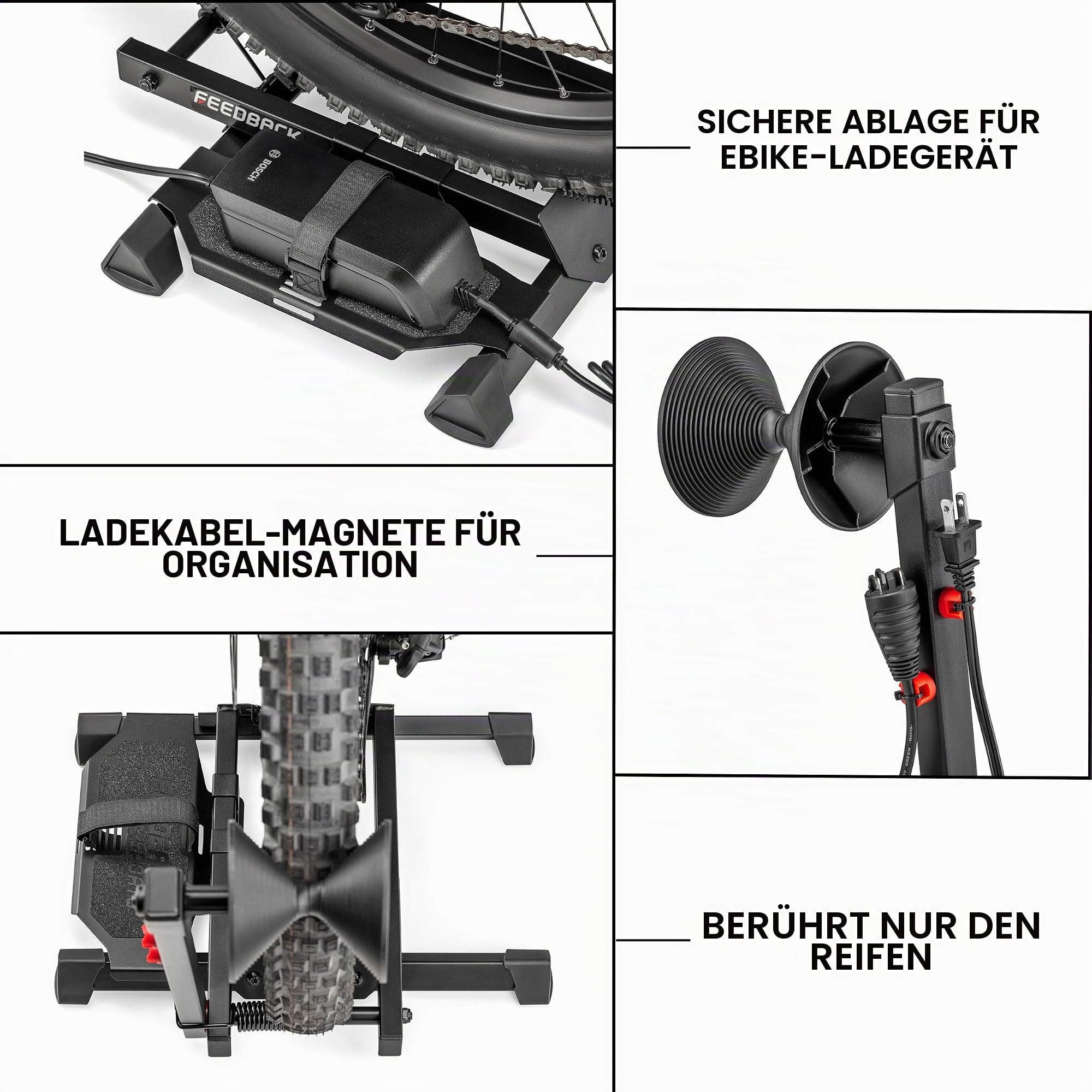 Feedback Sports Rakk 2.0 E-Bike-Fahrradständer, freistehender Bodenständer für E-Bikes mit magnetischem Kabelorganizer