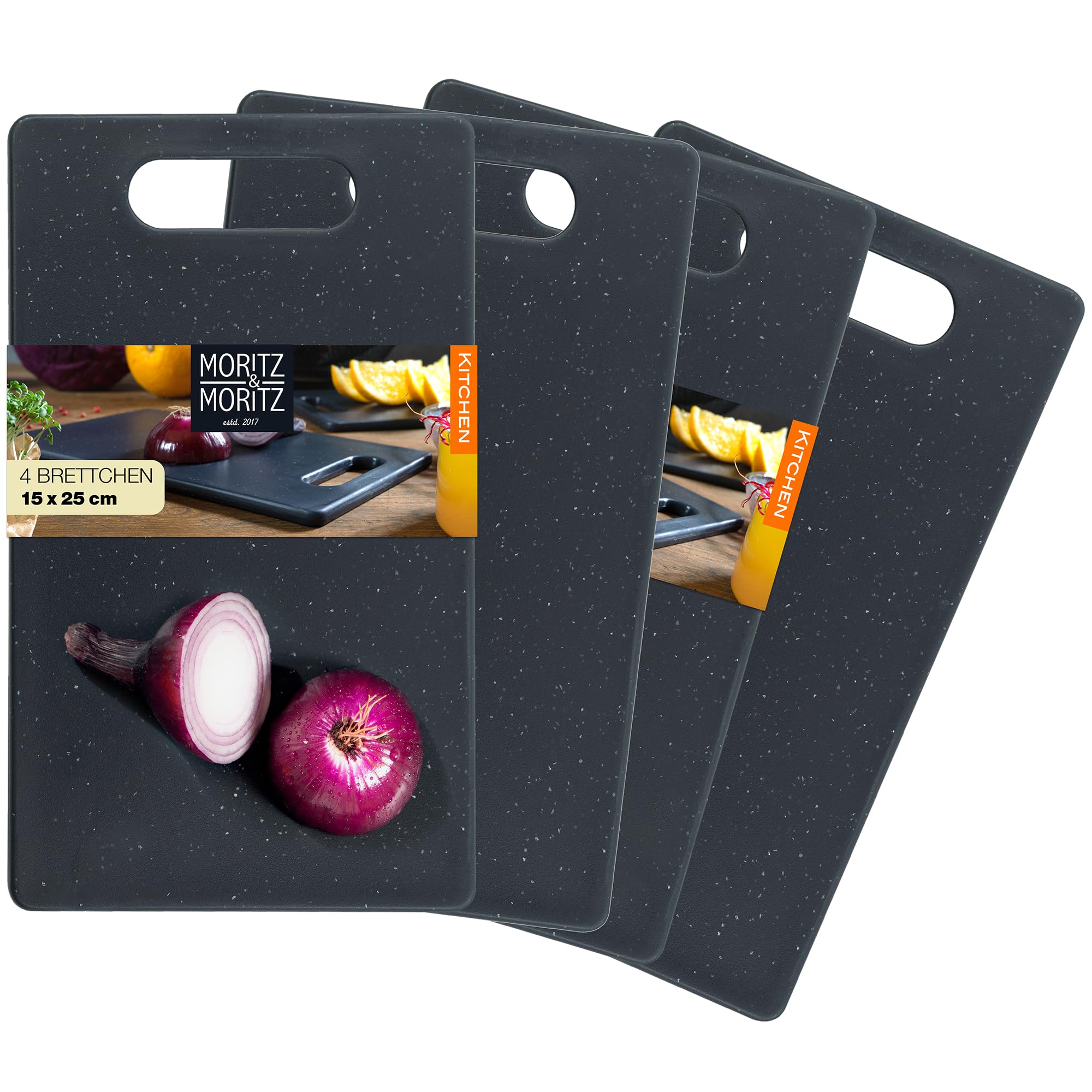 Moritz & Moritz Juego de 4 tablas de cortar de plástico en aspecto de granito, 25 x 15 cm, tablas de cortar sin BPA, tabla de desayuno, juego higiénico y apto para lavavajillas