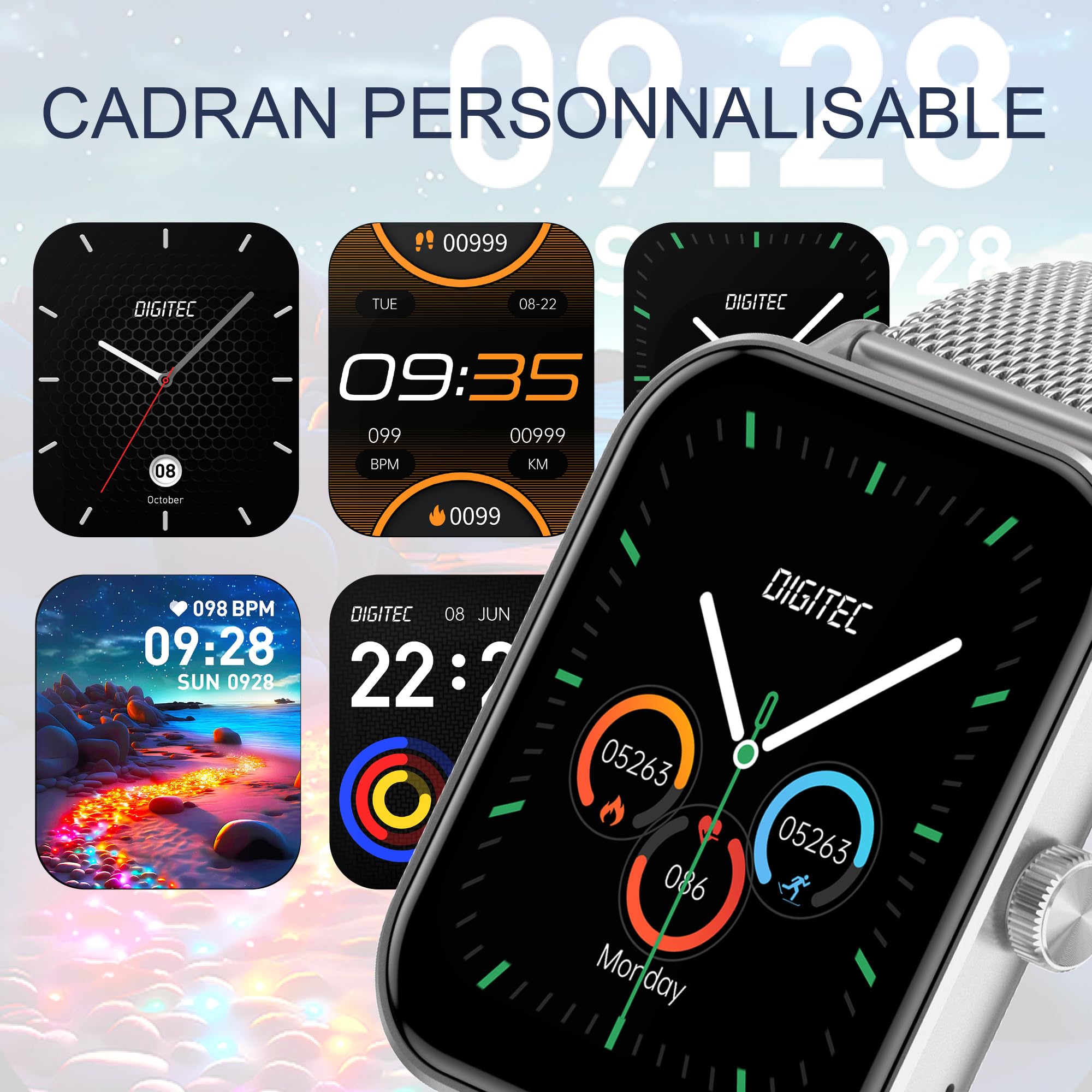 Digitec Montre connectée Square argentée avec Bracelet en Acier Maille milanaise argentée, Homme Femme, Suivi activité et Sommeil