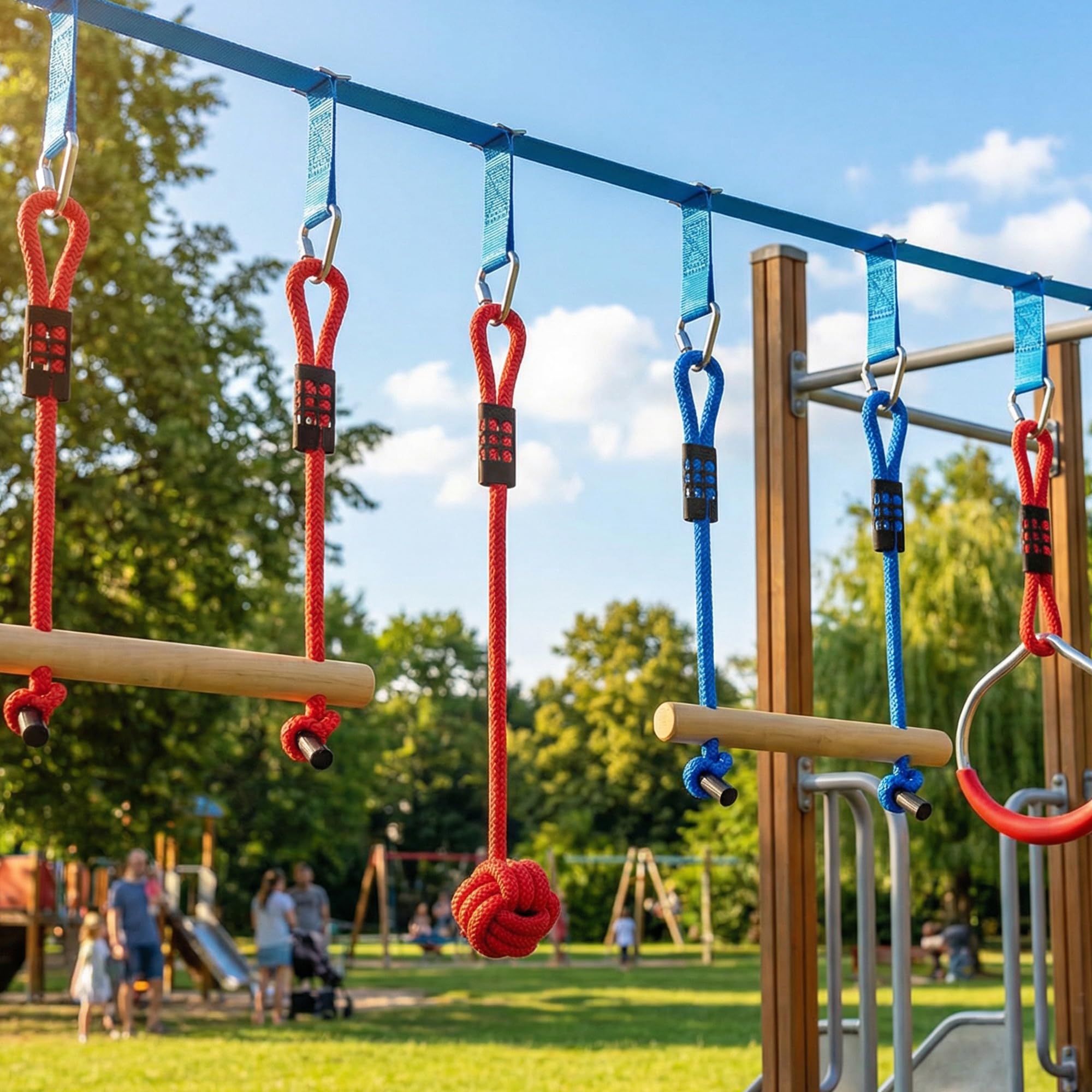AIYAPLAY Ninja Line Kinder 10m 9-teilig Slackline Set mit 2 Turnringe, 3-in-1 Schaukel, 2 Kletterstange, Baumschutz, 2 Greifbällen, Tasche Outdoor Spielset Ausrüstung für 3-8 Jahre Kinder Mehrfarbig