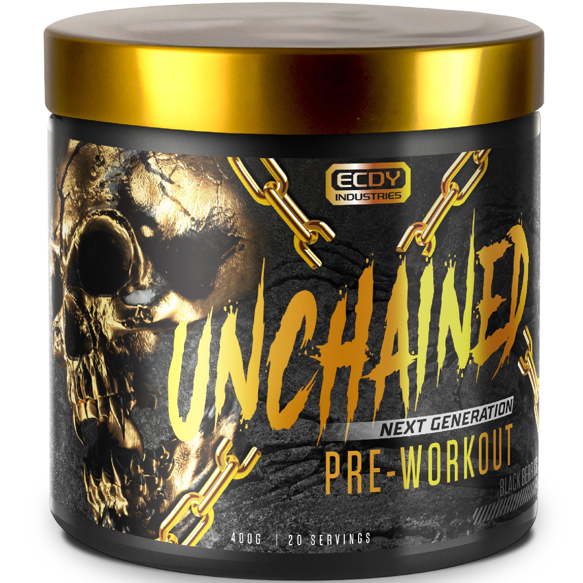 UNCHAINED® - Booster pre-allenamento con ecdysterone | 20 dosi (400 g) con caffeina | L-arginina, L-citrullina-malato, beta-alanina + altri 14 principi attivi | 100% energia | bacche nere