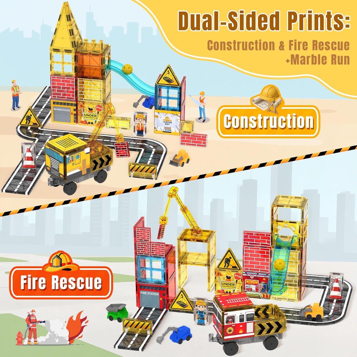 SKTMYY Magnetic Tiles Construction Toys with Road & Crane & Marble Run, Double-Sided Fire Station & Building Magnet Tiles for Kids Ages 4-8, STEM Magnetic Blocks Gifts for 3 4 5 6 7 8 Year Old Boys
