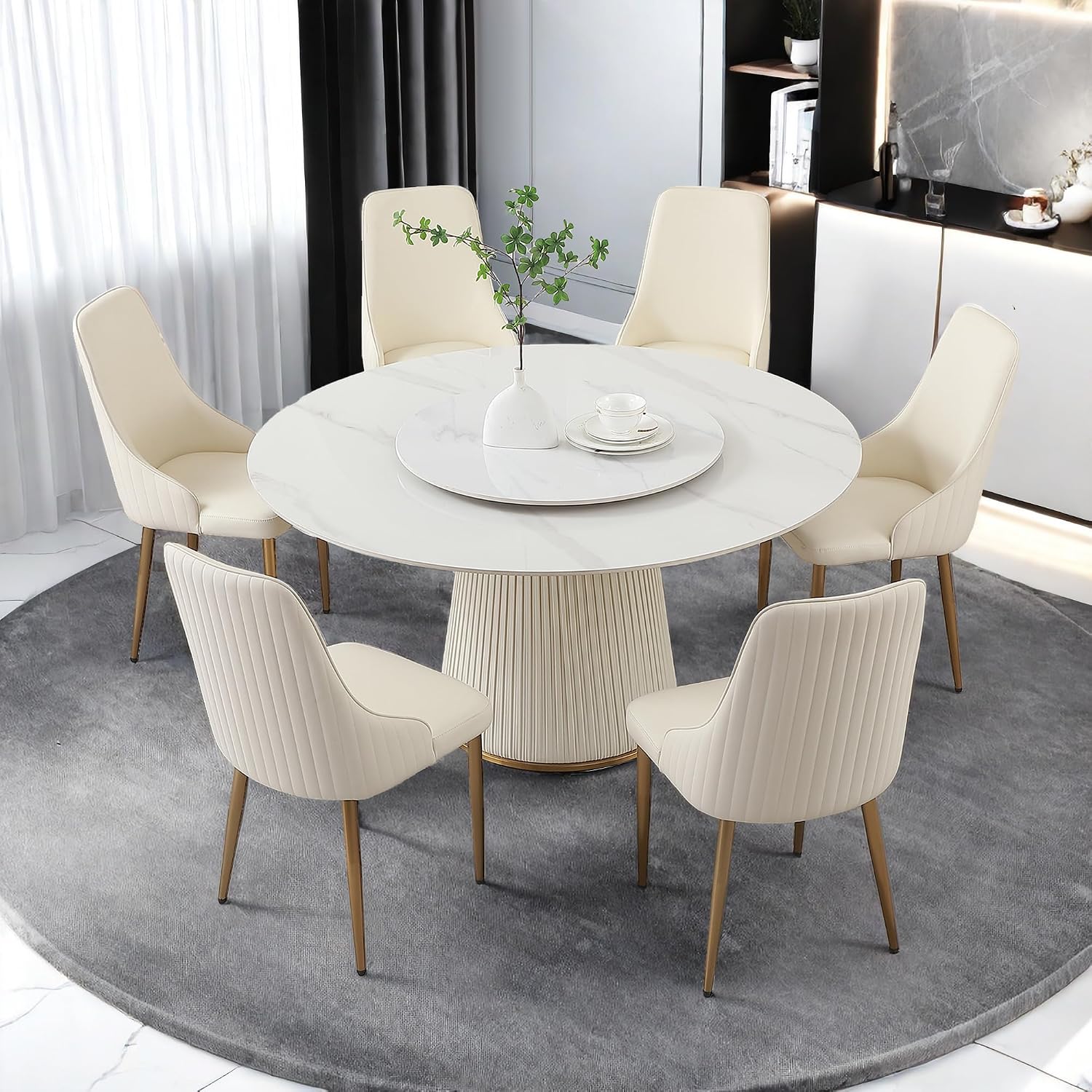 7-Piece Dining Table Set, 59" Lazy Susan Round Dining Room Table Set of 6, Modern Sintered Stone Tabletop with Removable Turntable, Marble Dining Table with 6 Chairs Set