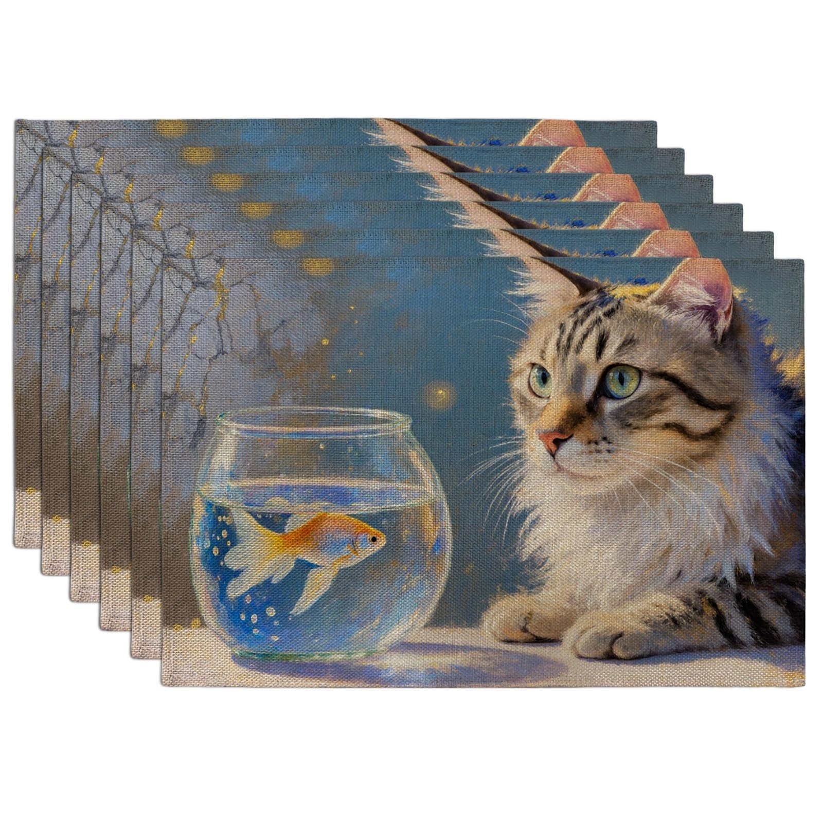 Cat and Fishes Placemats, Artistic Animal Design Place Mats for Dining Table, Everyday Non-Slip Washable Indoor Outdoor Kitchen Decorative Placemat Set of 6