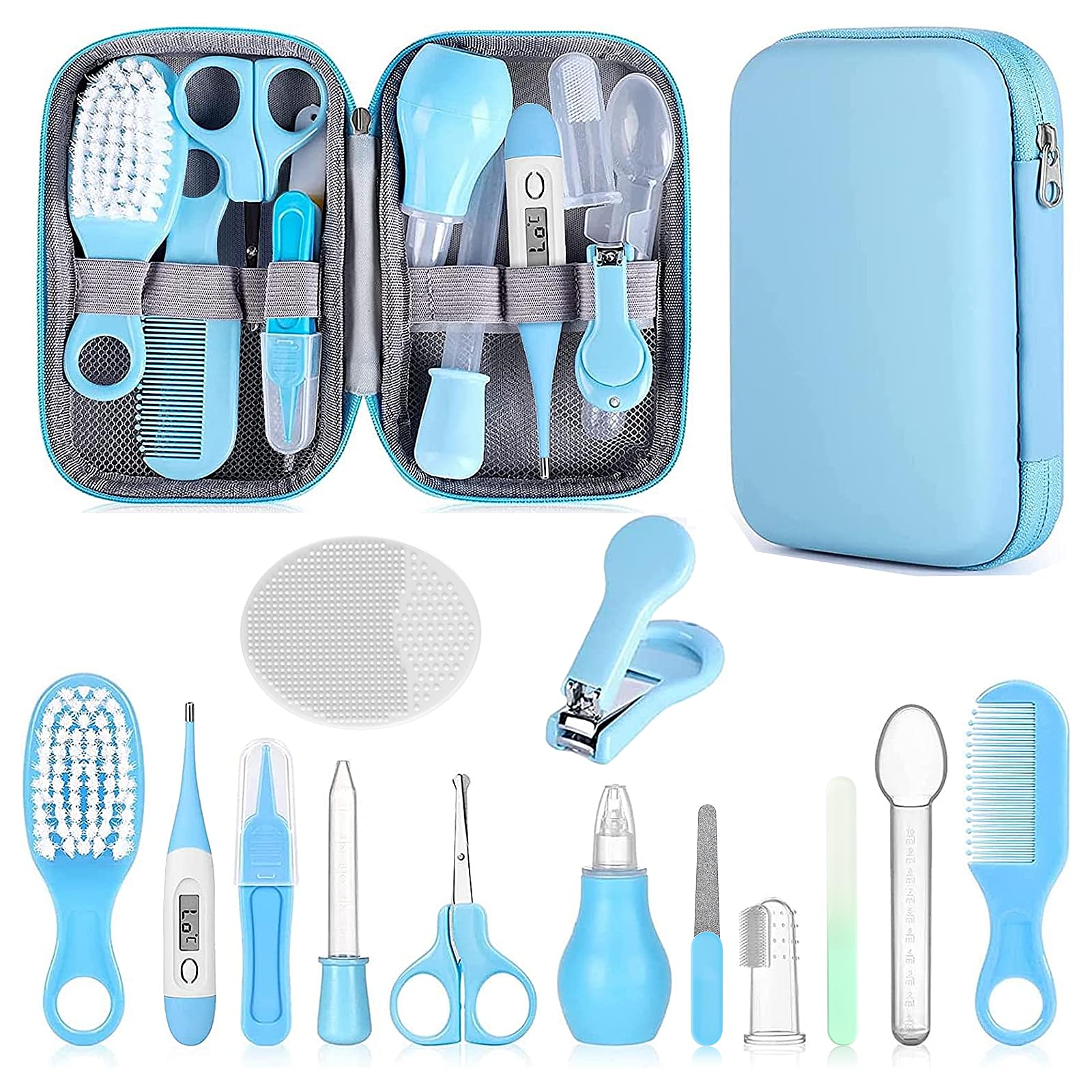 Baby Grooming Kit, Infant Safety Care Set with Hair Brush Comb Nail Clipper Nasal Aspirator,Baby Essentials Kit for Newborn Girls Boys (Blue) Blue Kit+White Brush