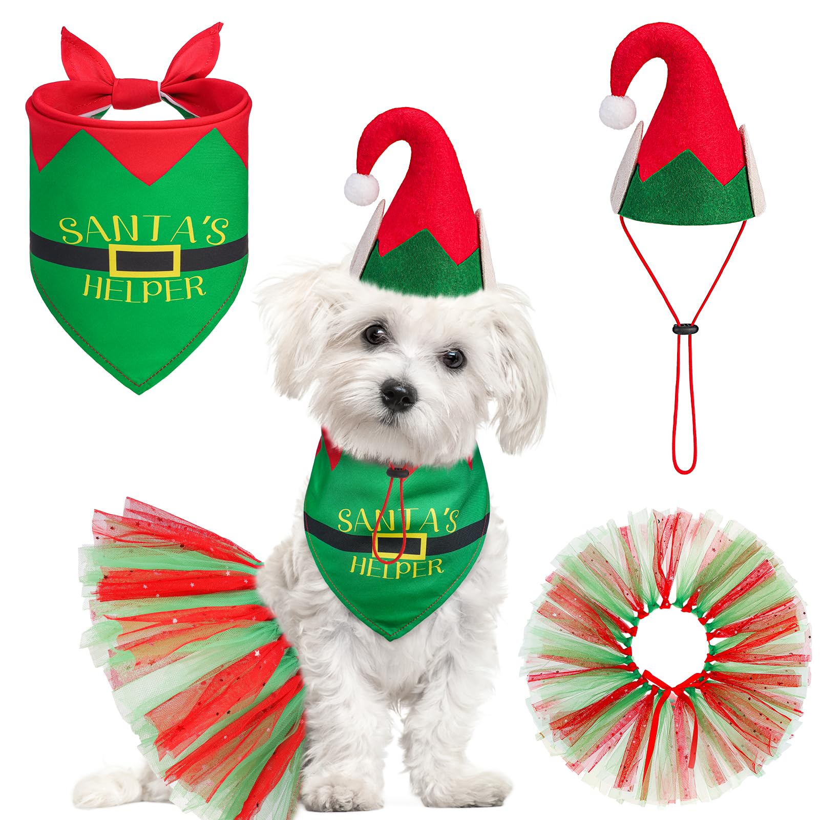 SCENEREAL Christmas Dog Bandana Dress with Hat Set, Pet Santa Costume