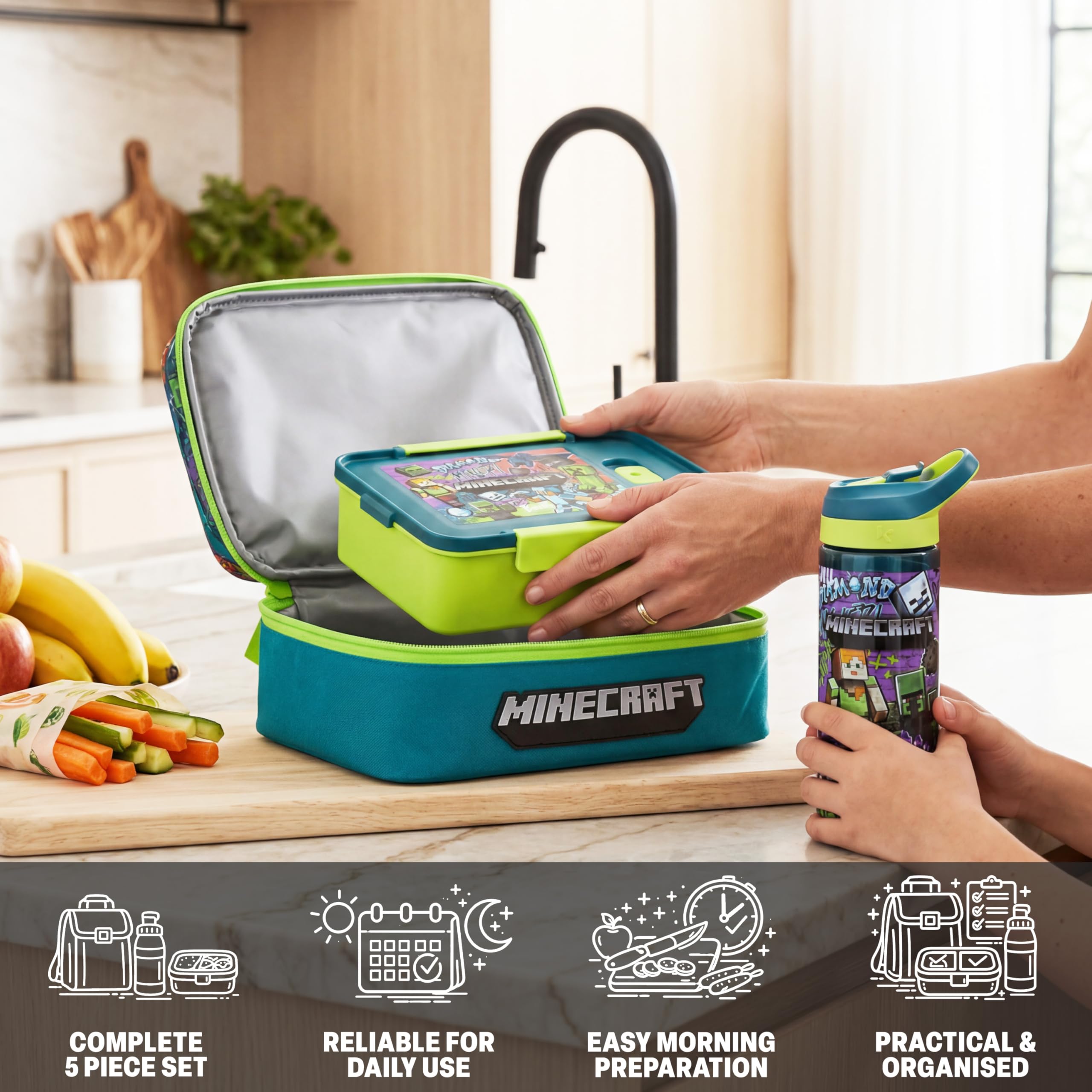 Get Trend Minecraft Sac Isotherme Repas Enfant Set, 3 Pcs Lunch Bag Isotherme, Bento Lunch Box et Sans BPA Gourde avec Paille, Avec Poigné et Fermeture Eclair, Cadeau Garcon (Multi Minecraft)