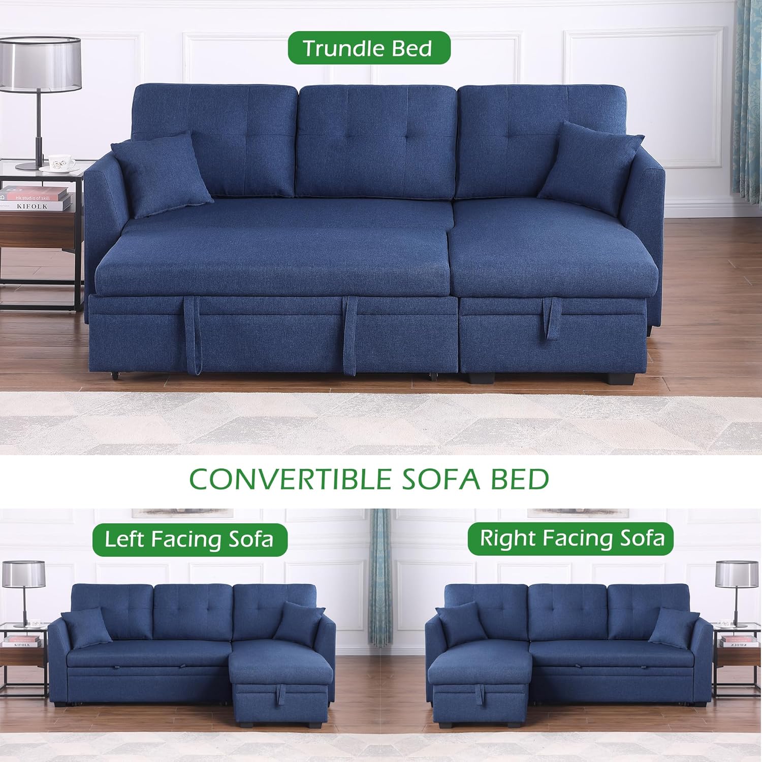 BEEY Sleeper Sofa Bed, 82" Small Convertible Sectional Sofa Couch with Storage Chaise, L Shaped Couch with Pull Out Bed for Bedroom, Living Room (Navy_Blue_2)