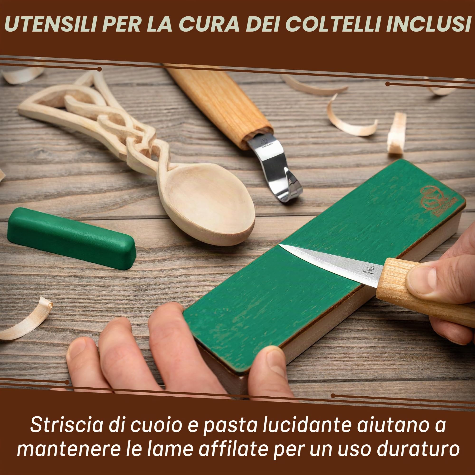 BeaverCraft Kit per Intaglio Cucchiai in Legno per Principianti DIY04 – Set di Scultura con Strumenti per Cucchiai, Coltello Sloyd e Coltello a Gancio – Sagoma in Tiglio – Hobby del Legno