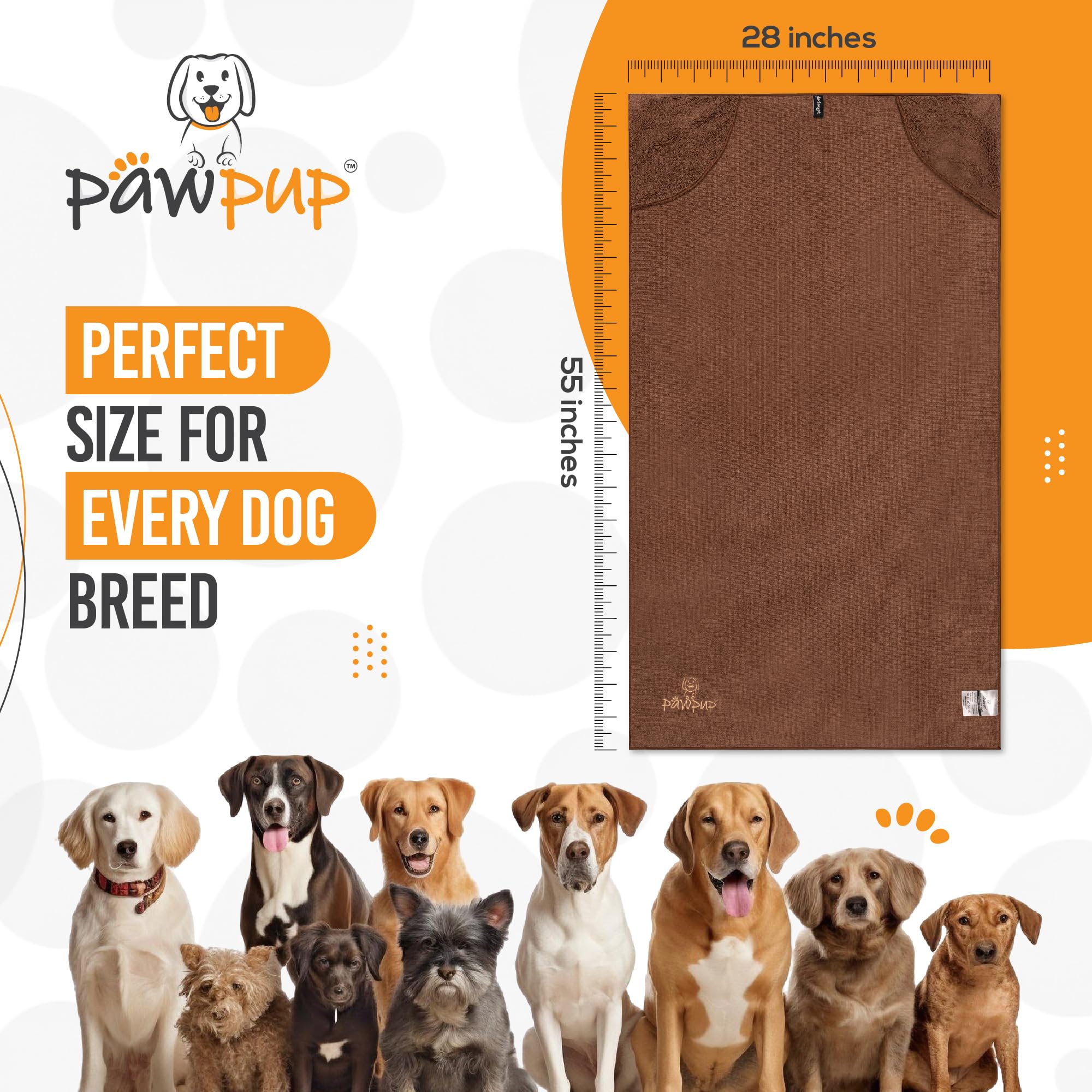 PAWPUP Toalla de microfibra súper absorbente de secado rápido para perros, gatos y otras mascotas (55 x 28 pulgadas, marrón)
