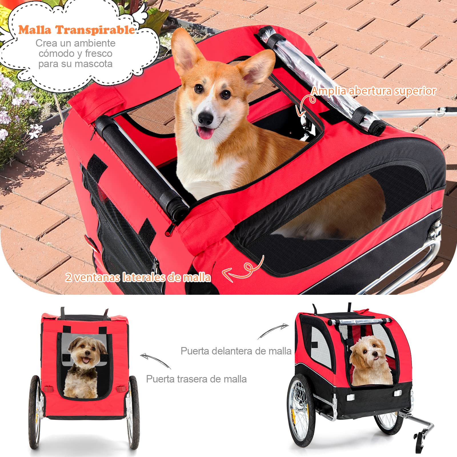 COSTWAY Remolque de Bicicleta para Mascotas, Remolque Bicicleta Perros Pequeños y Medianos con Ruedas, Transportador de 2 Puertas con Techo Solar, Capacidad 40 kg, 60,5 x 135 x 95 cm