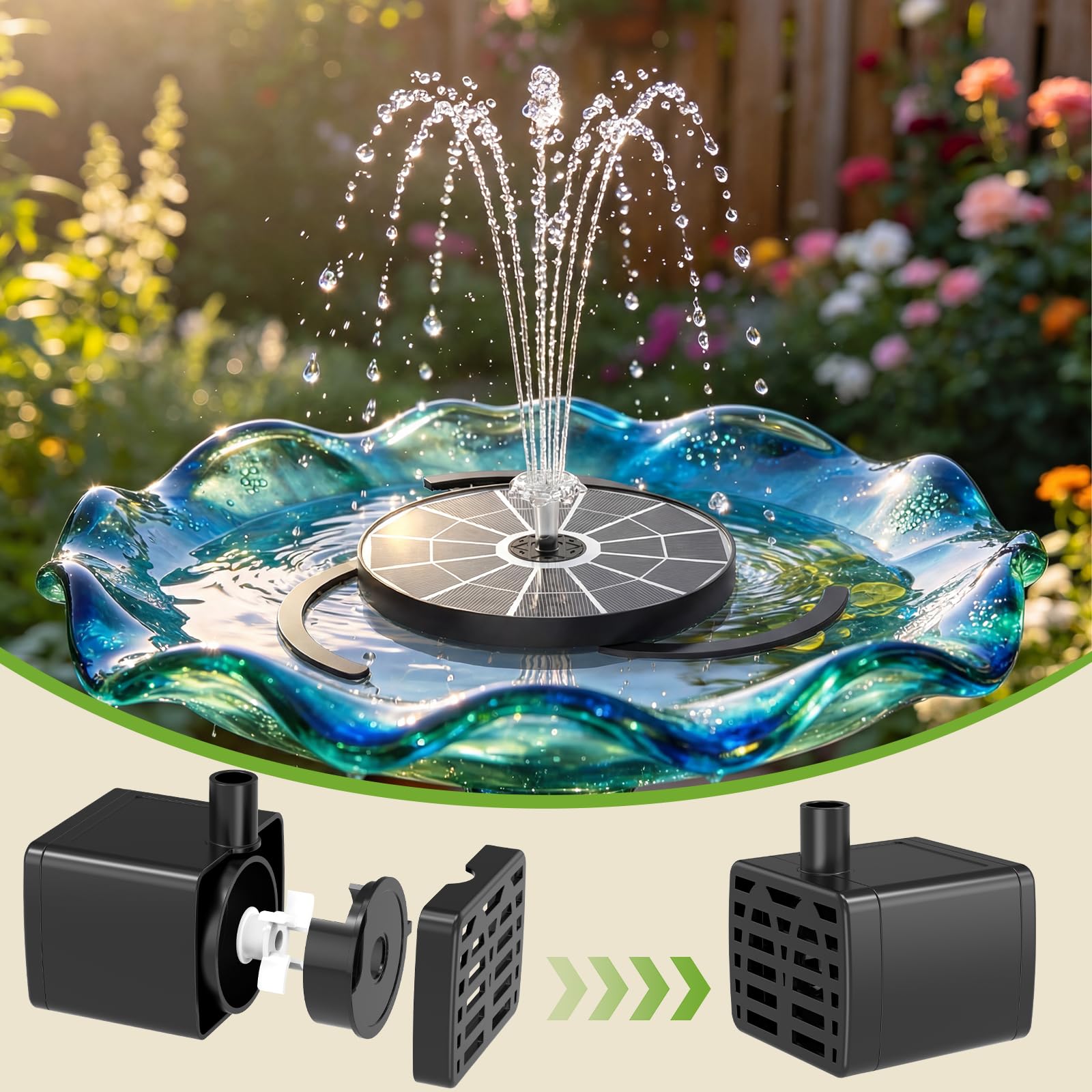 AISITIN Fuente solar para exterior mejorada, 3,7 W, para exteriores, con 4 efectos de pulverización, bomba solar flotante para estanque, bomba de fuente flotante para jardín, baño de pájaros, estanque