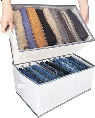 Miniatura 1 de Paquete de 2 organizadores de jeans mejorados para armario con asa 9 rejillas color blanco lavable caja de almacenamiento de compartimento de ropa