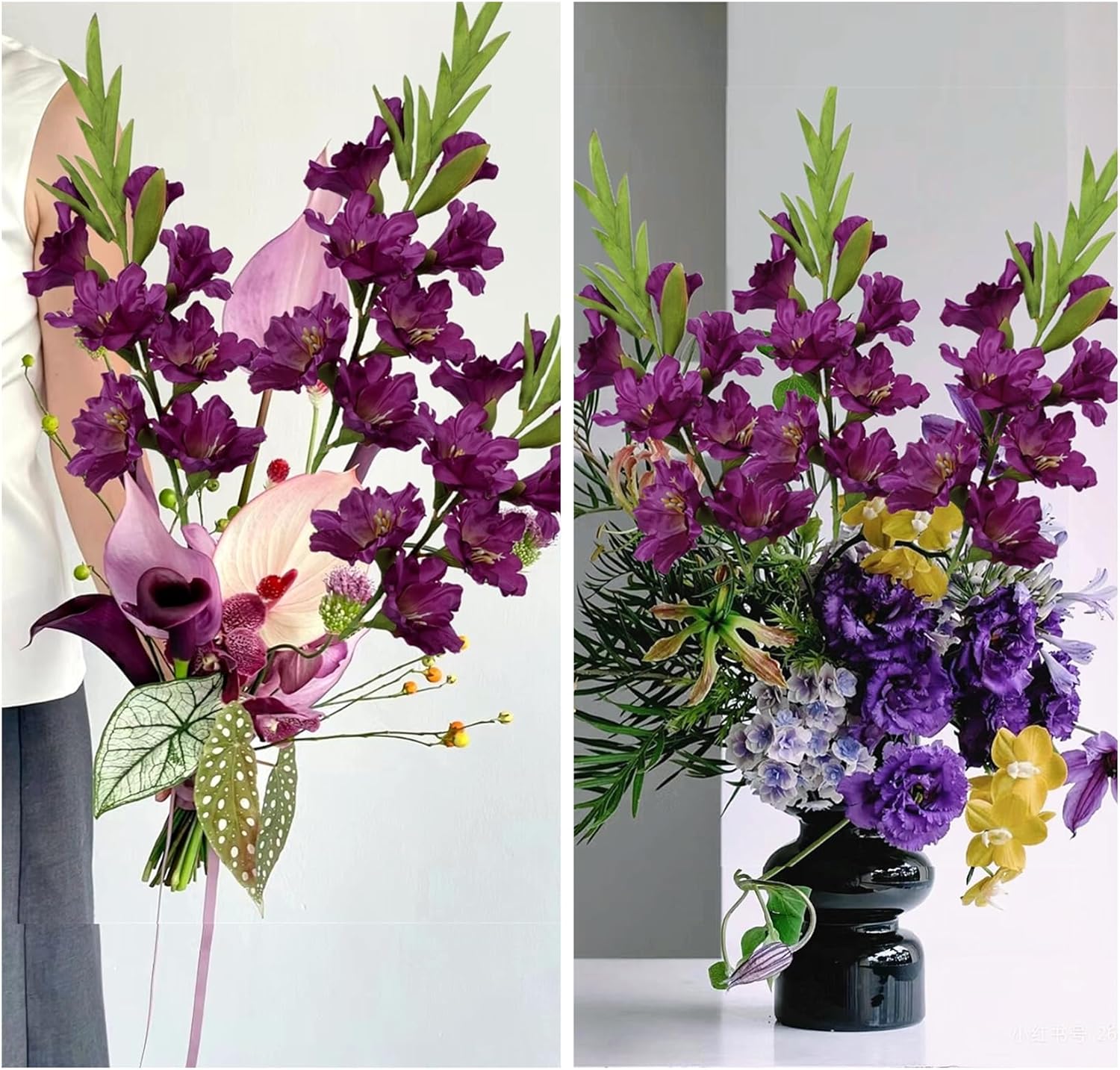 Pack of 6 - Gladiolus Flowers Artificial Orchid Plants Long Silk Flower Stems Vase Table Kitchen Home Garden Party Wedding Decoration (Dark Purple)