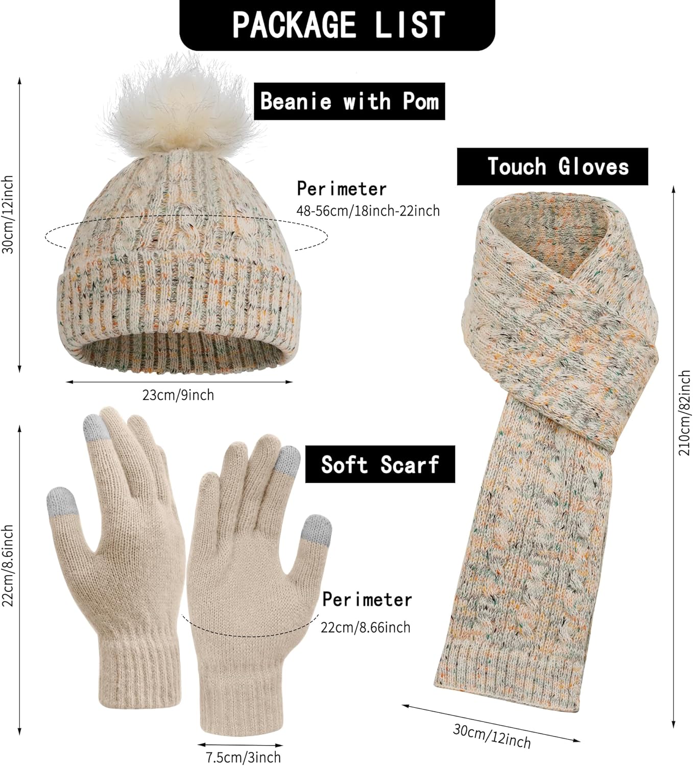 Double Couple 3pcs Winter Women scarf and hat and Touch Screen Gloves Set for Women Knit Hat with Faux Fur Ball Scarves Glove - Image 3