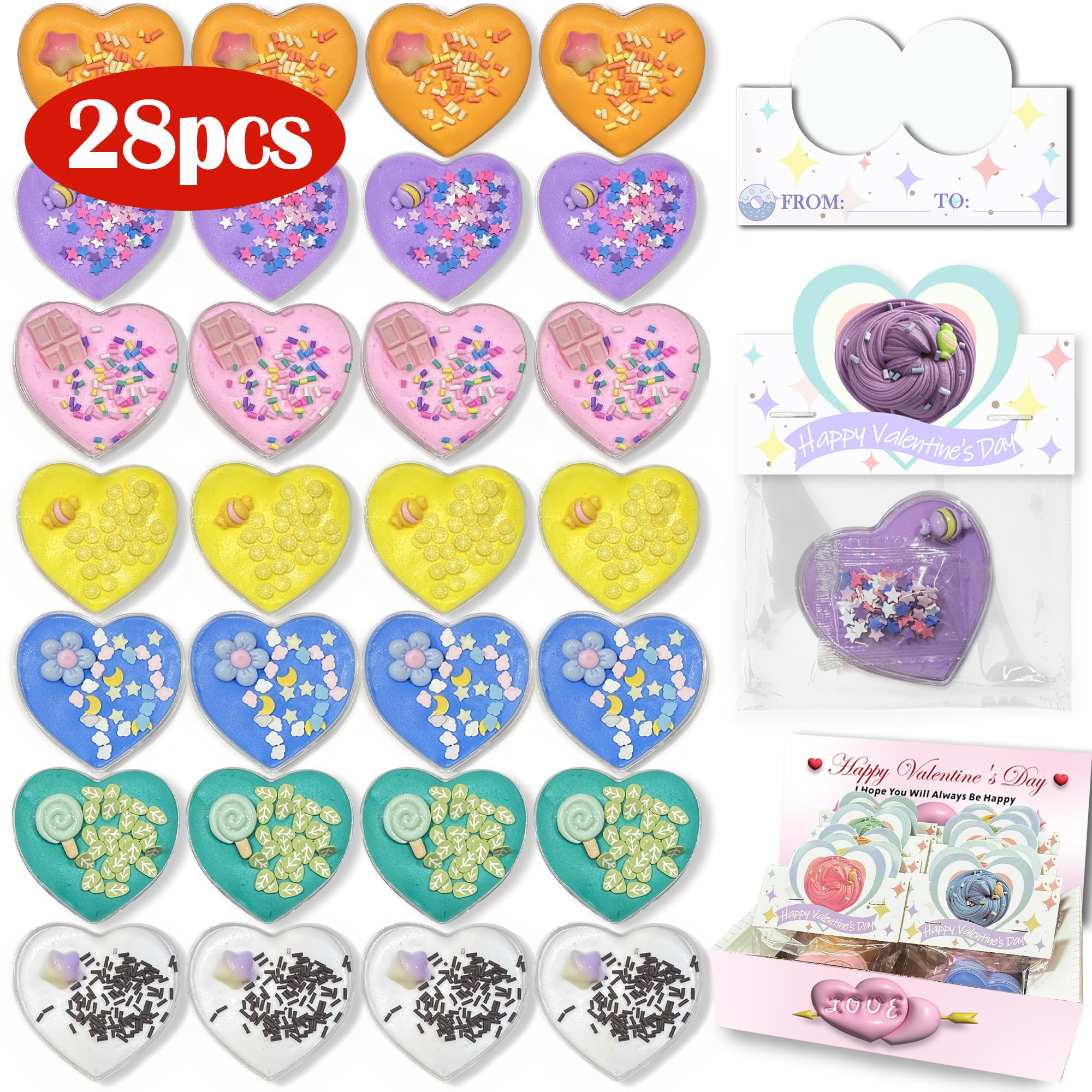 SHGIUOAX 28 Pack Holiday Day Slimes, Heart Shaped Glitter DIY Slime Kits with Greeting Cards for School Classroom, Valentine Party Exchange Favors