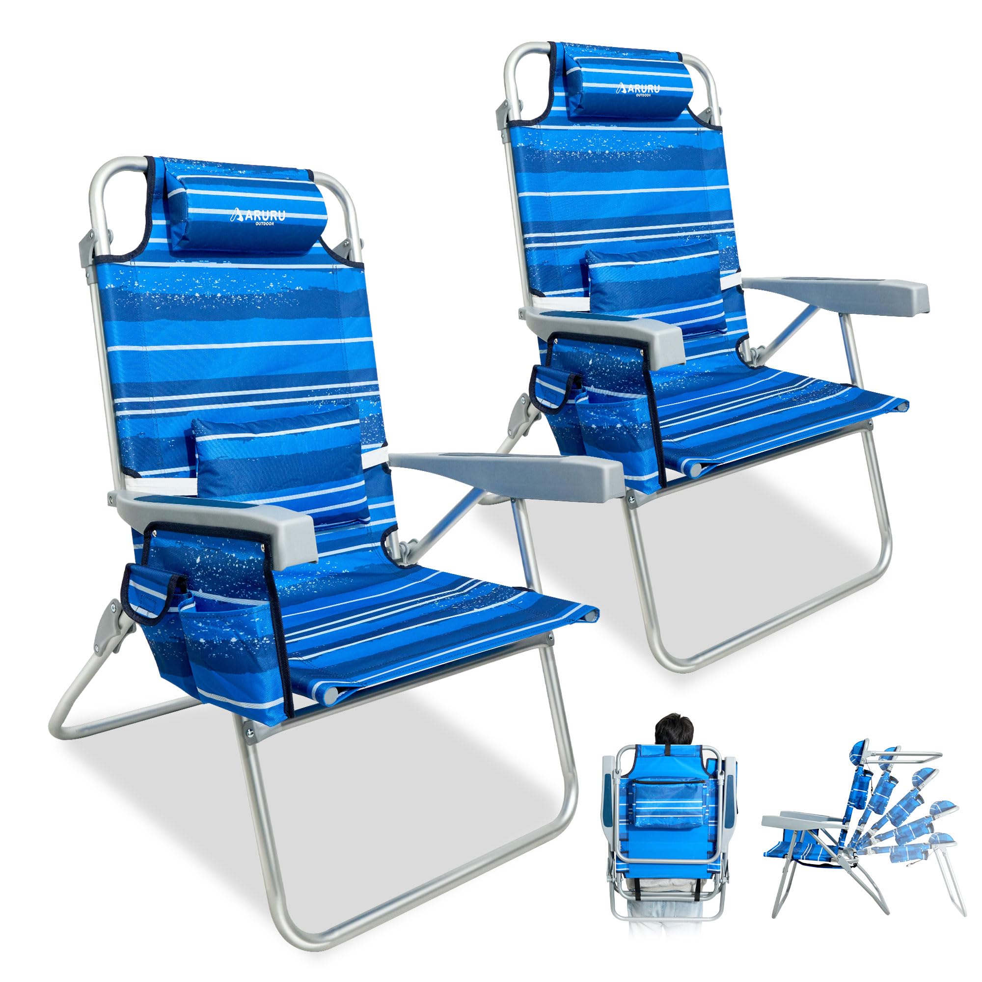 ARURU Tall Beach Chairs for Adults Set of 2, Portable Folding Reclining Beach Chair Heavy Duty 5-Position Lay Flat with Cooler Bag, Drink Holder for Outdoor/Lawn/Trip/Picnic/Camping/Poolside