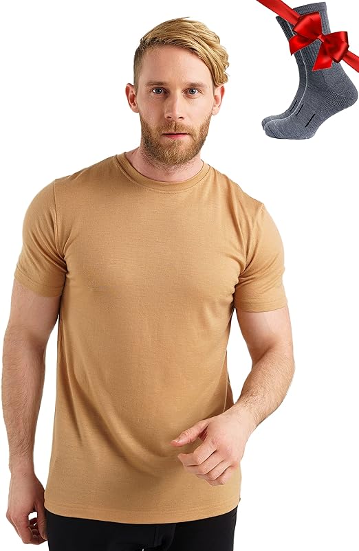 Merino Wool T-Shirt Mens - Merino Wool Undershirt Thermal Shirt for Men and Hiking Socks