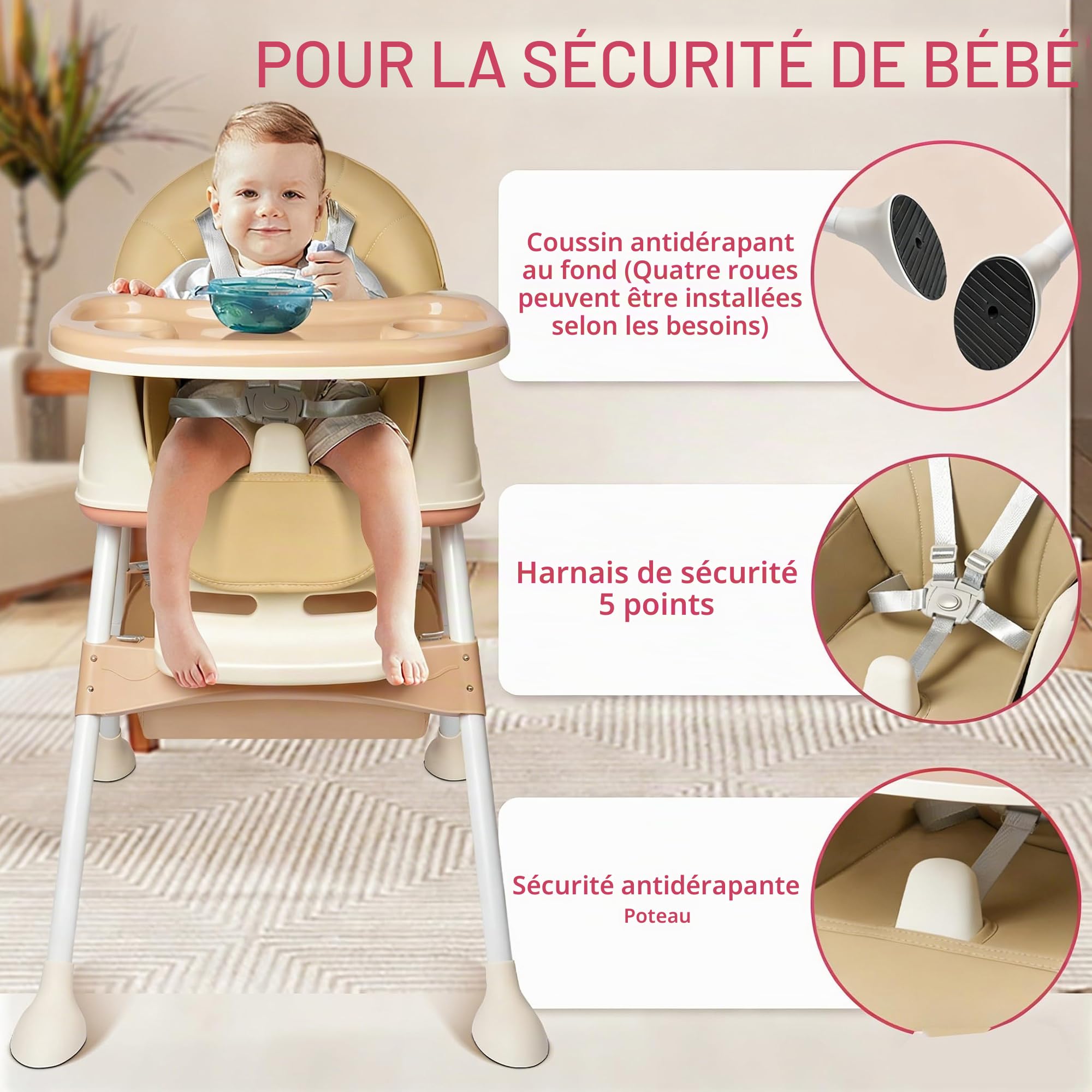 Chaise Haute Bébé 4-en-1, Chaise Haute Bébé Réglable et Convertible avec Ceinture de Sécurité, Plateau, Facile à Nettoyer, Siège Bébé de 6 Mois à 6 Ans (Beige)