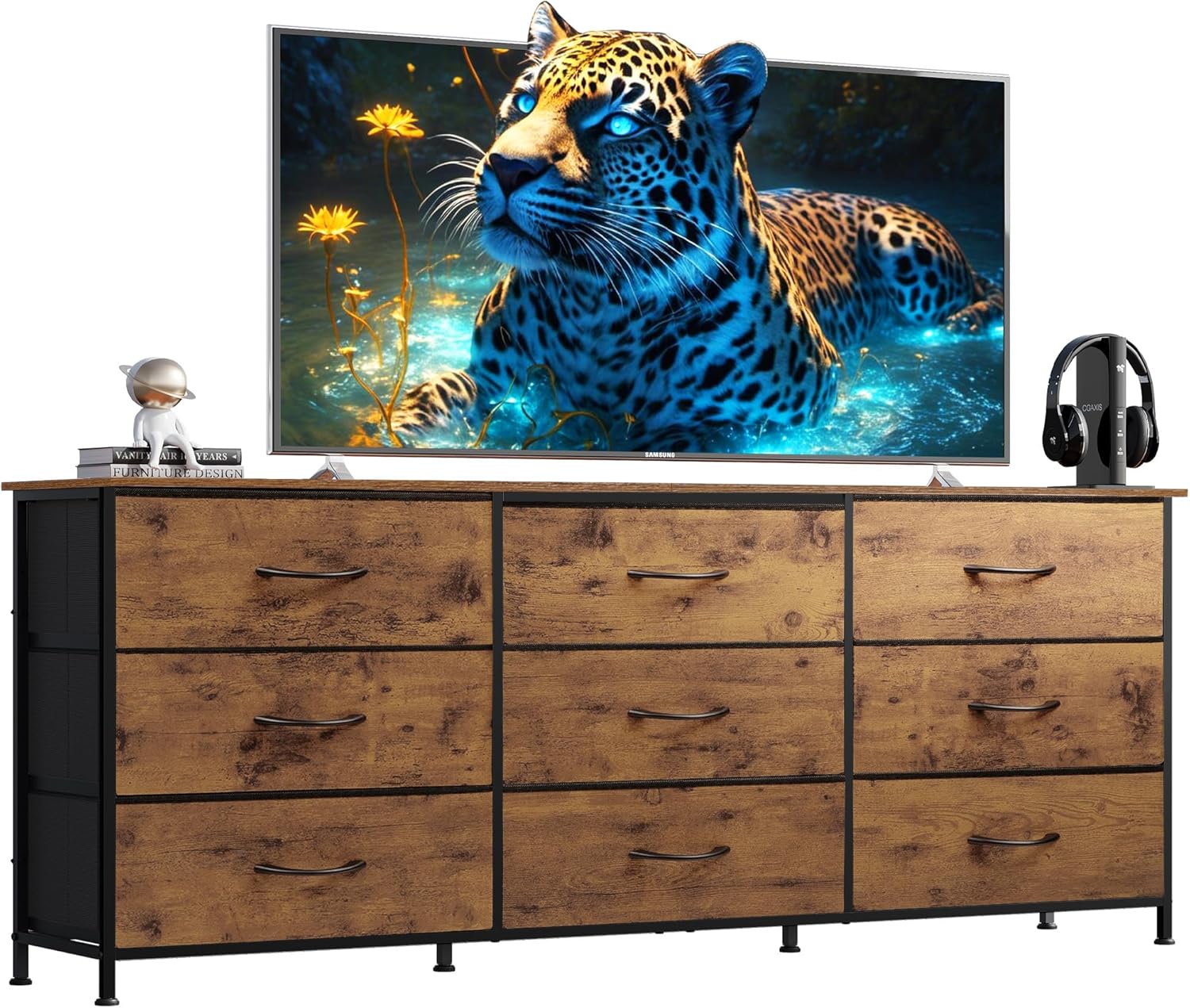 WLIVE 63''W Dresser for Bedroom, Dresser TV Stand for 65, 70, 75 inch TV, Wide Chest of Drawers with 9 Drawer, Large Entertainment Center, Fabric Dressers with Wood Top for Living Room, Rustic Brown Rustic Brown Wood Grain Print Enlarged Size