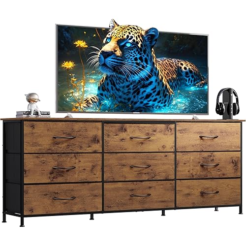 WLIVE 63''W TV Stand for 65, 70, 75 inch TV, Large Entertainment Center with 9 Fabric Drawer, TV Media Console Table with Wood Top, Adjustable Feet for Living Room, Hallway, Rustic Brown