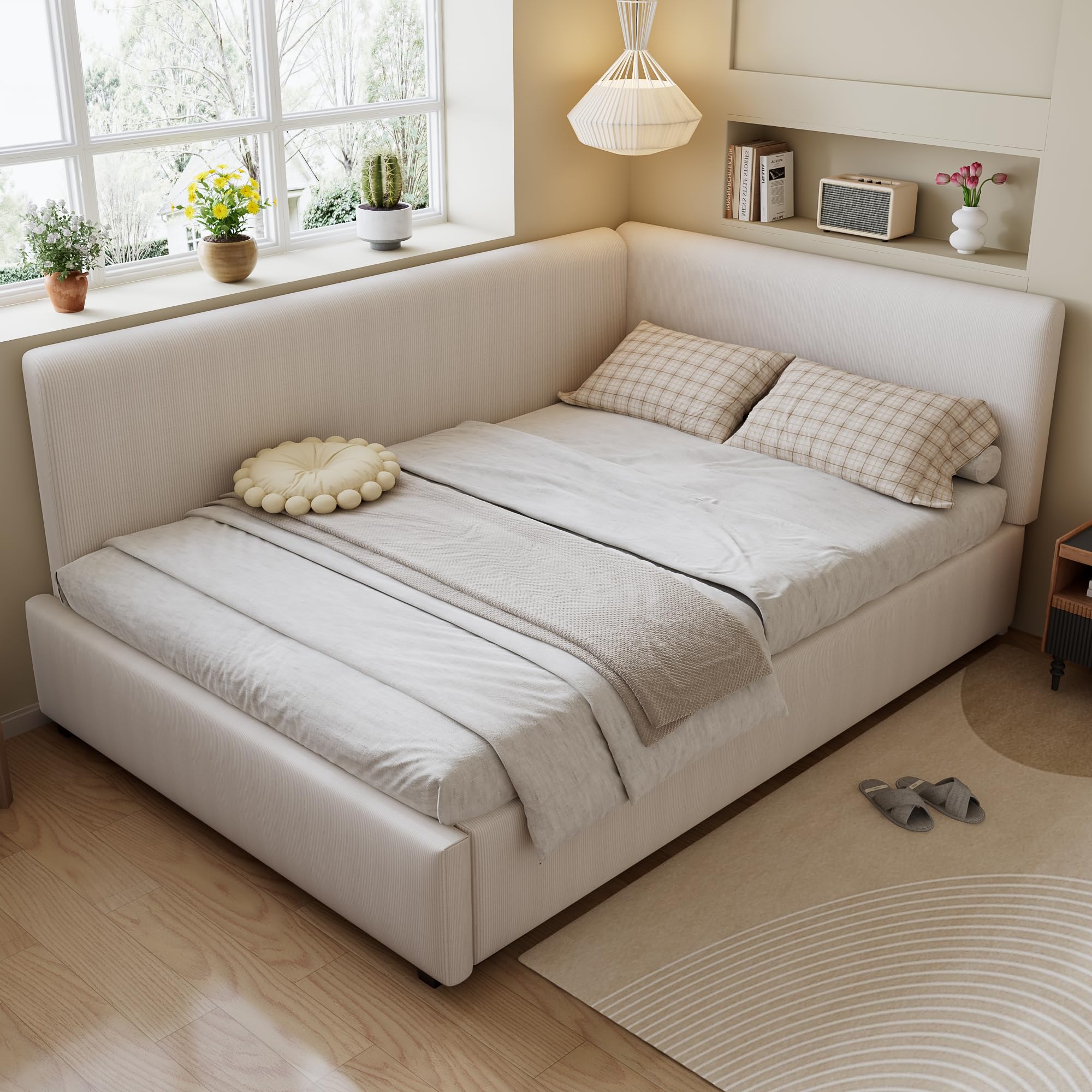 Merax Double bed frame, 4ft6 Upholstered Kids Daybed, with Secure Side Rails, Slatted Frame, for Adults Children, Corduroy Beige/135x190cm(No Mattress) — image 1
