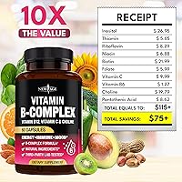 Vista 5 de Complejo de vitamina B para hombres y mujeres - Hecho en Estados Unidos - Complejo B: B1, B2, B3, B5, B6, B7, B8, B9, B12 con vitamina C, colina