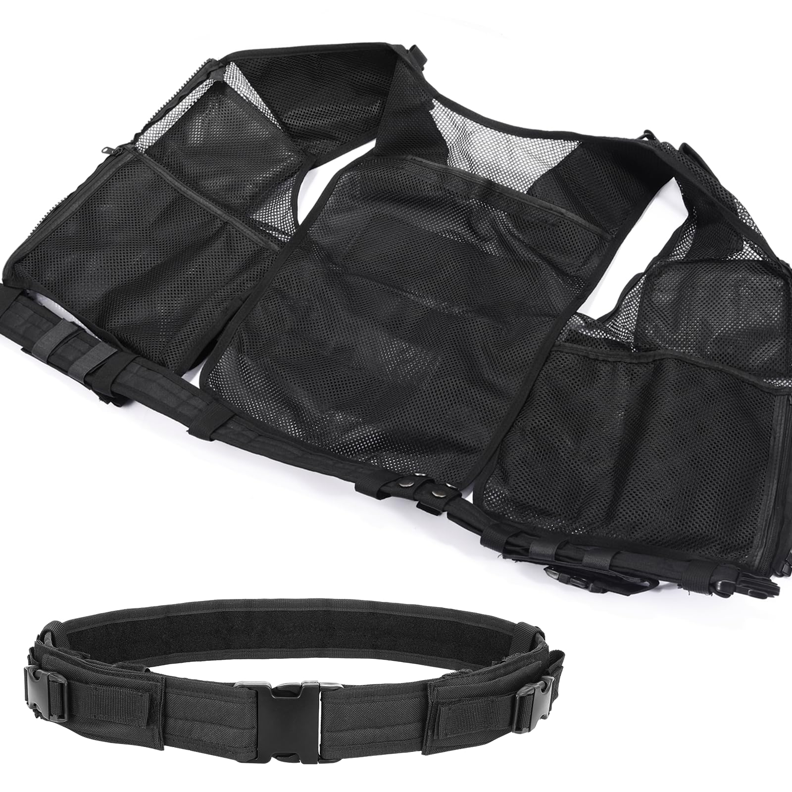 2Stück Taktische Weste Herren mit Taschen, Verstellbarem Hüftgurt | Atmungsaktiv und Strapazierfähig Tactical Weste für Outdoor, Angeln, Camping(Schwarz)