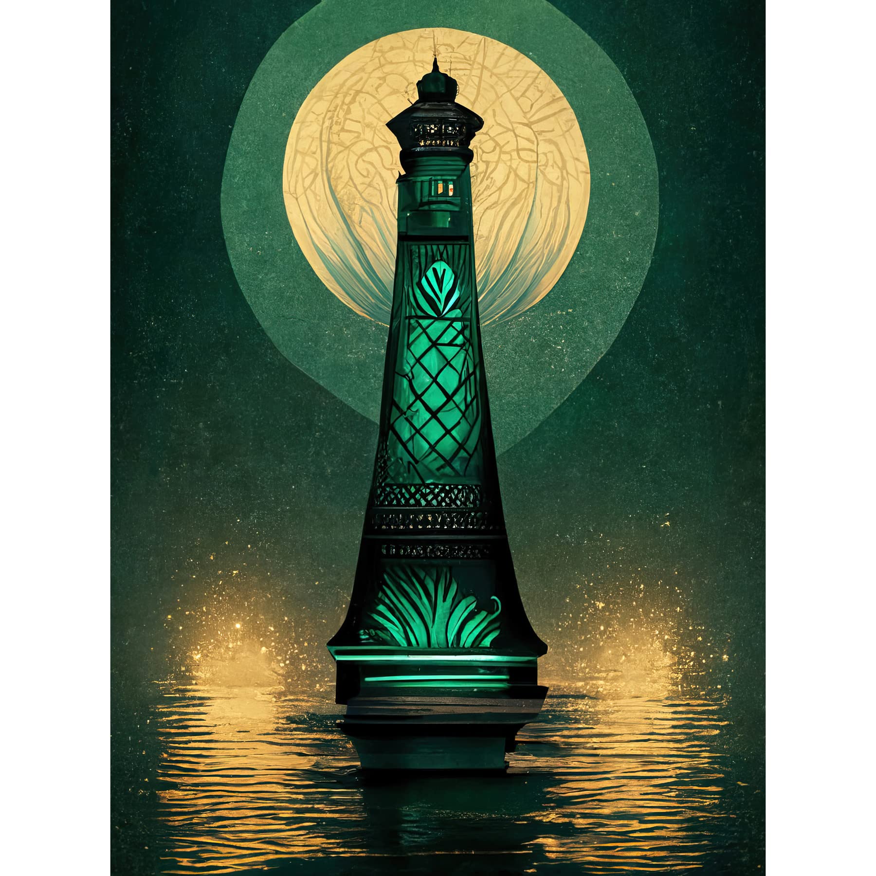 Doppelganger33 LTD Art Deco Lighthouse Great Gatsby Moonlight Emerald Art Print Canvas Premium Wall Decor Poster Mural