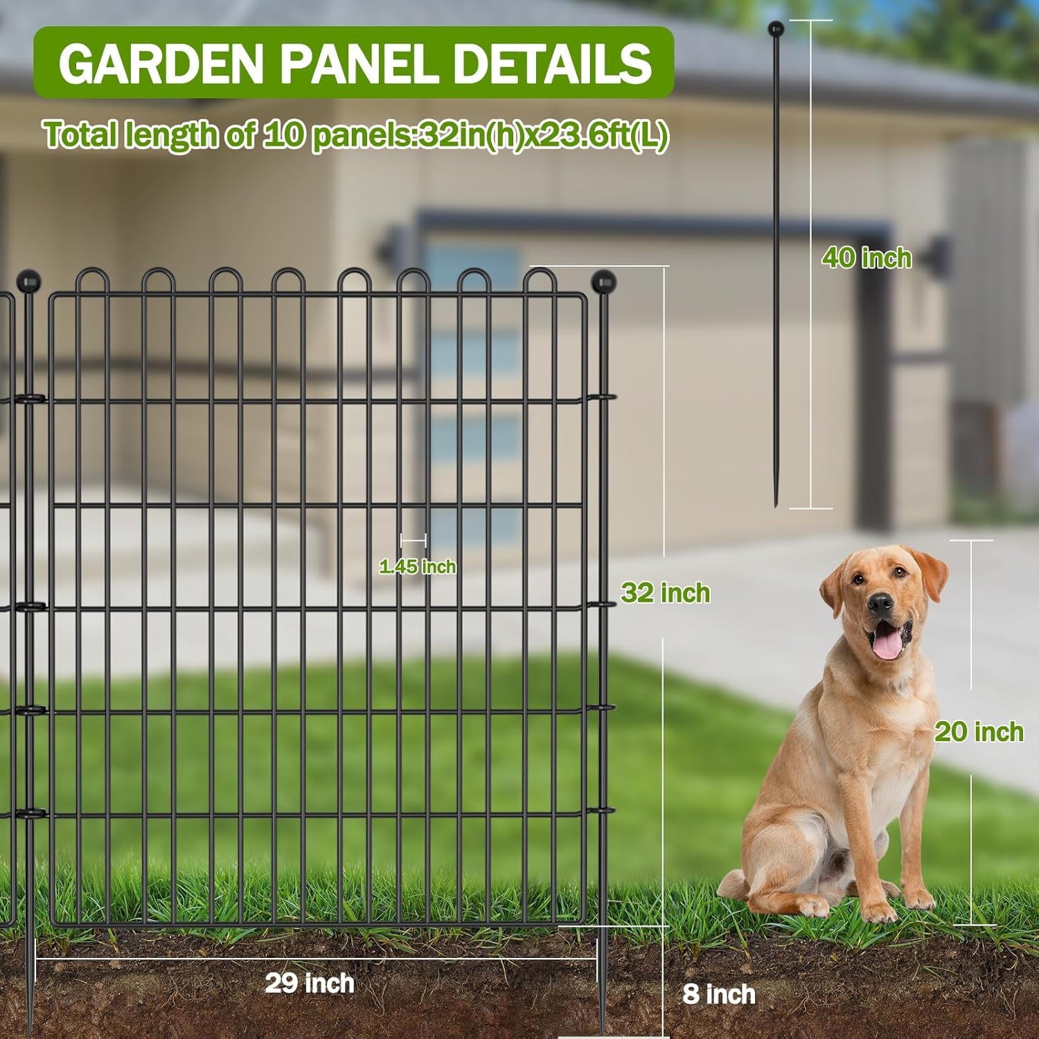 Valla para estanque,Valla Jardín Metálica 10 Paneles (75x81cm) con 11 Estacas de Fijación, Cerco para Perros, Delimitación de Terreno y Protección de Estanques
