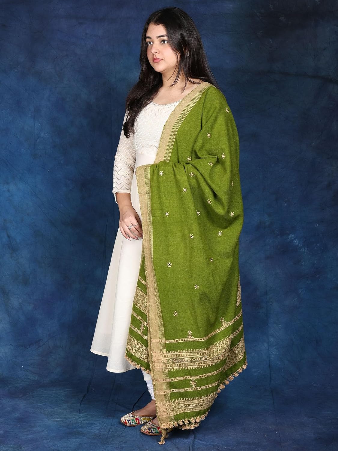 Exotic India Shawl from Kutch with Embroidered Flowers and Mirrors - Wool - Image 3