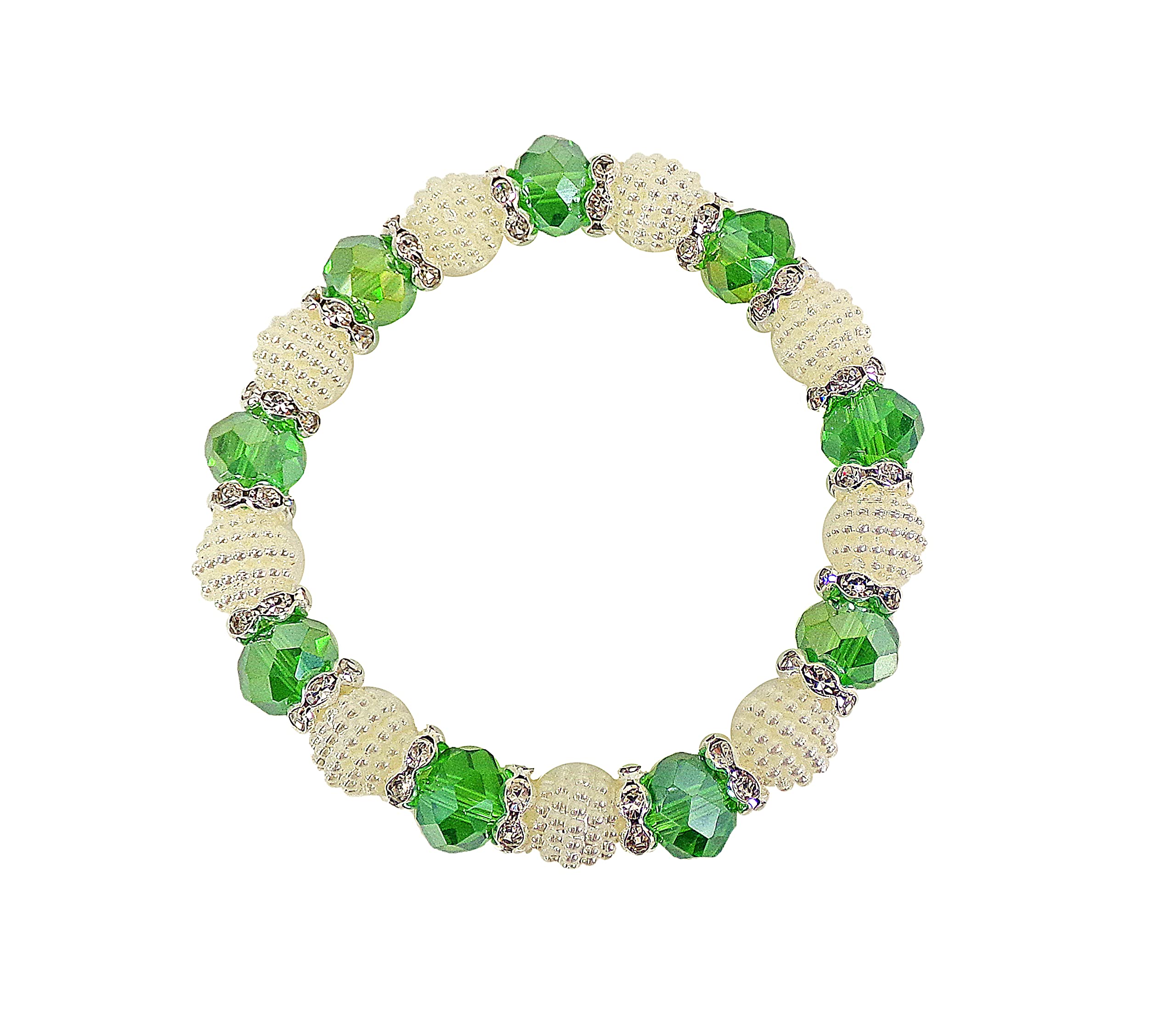 Calisa DesignsGreen Glass bead bracelet with crystals, and white pearl beads, Stretch Bracelet. Created with facet cut glass beads and white faux pearls.