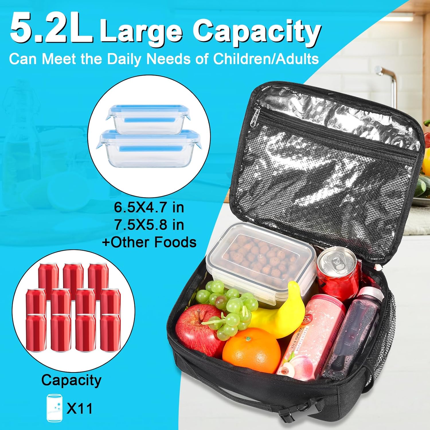 12 Pack Lunch Box Lunch Bags, Insulated Reusable Tote for Adults Men & Women - Leakproof Cooler Bag for Work, Office, Picnic & Travel (Black) - Image 3