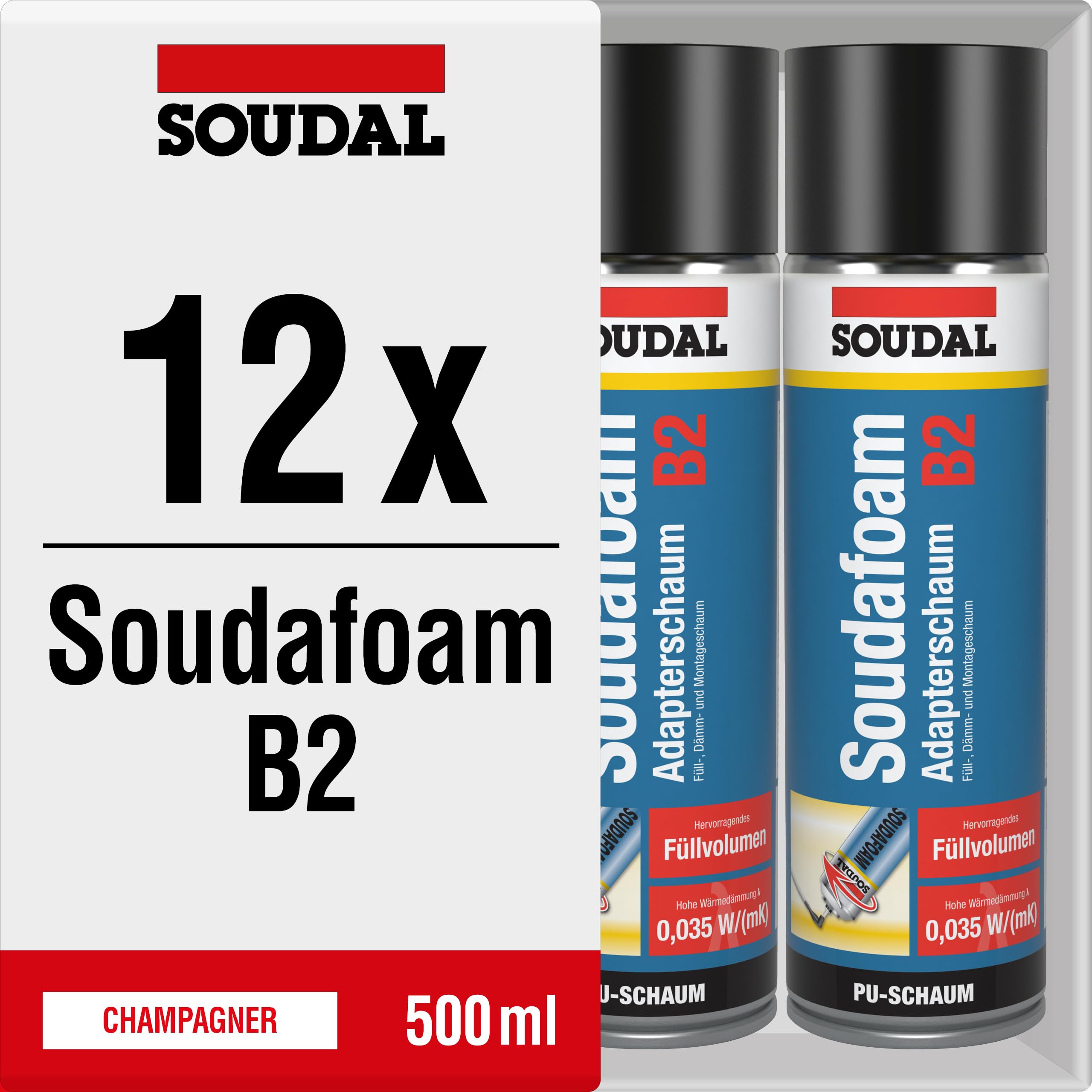 12 x Soudal Soudafoam B2, 500ml, einkomponentiger Pulyurethanschaum, Montageschaum mit hoher Formstabilität, Spar-Set (12)