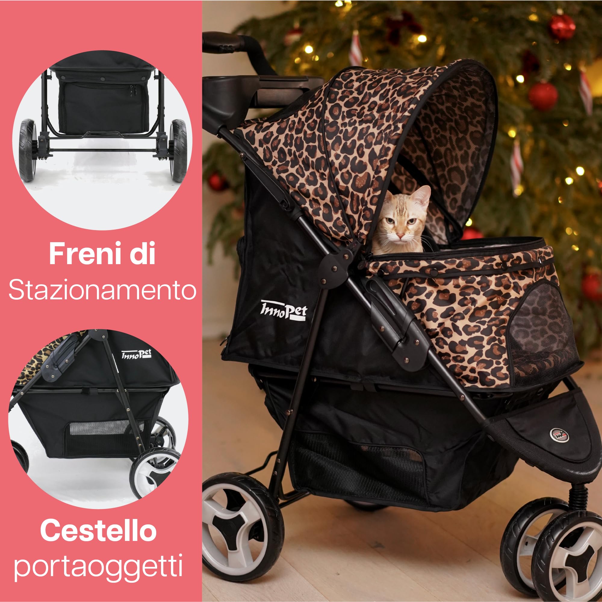 Innopet Buggy Allure Cheetah - Elegante passeggino per cani con stampa leopardata, pieghevole con una sola mano - Ruote antiforatura - Peso massimo 20 kg - carrozzina ideale per gatti