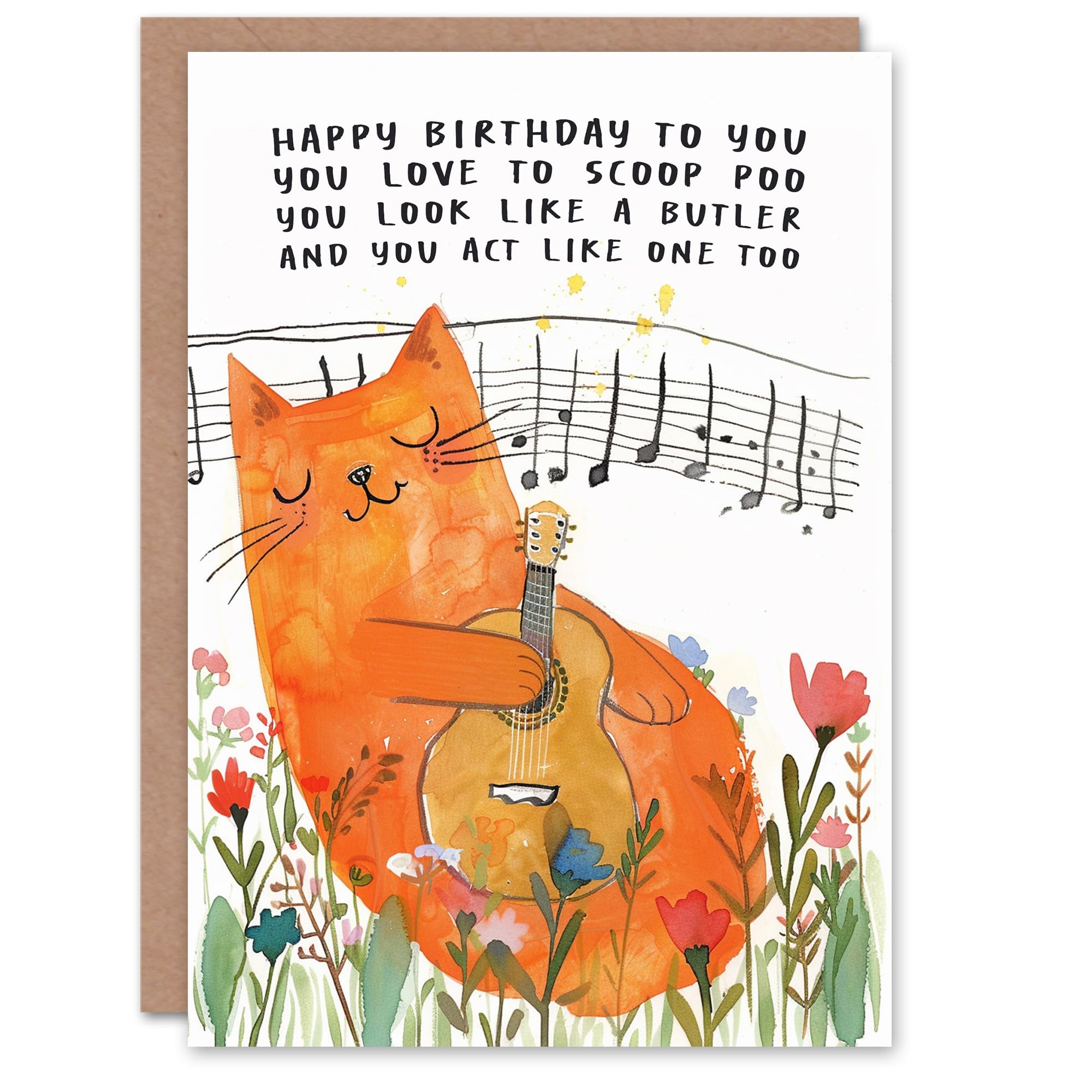 Artery8 Orange Tabby Guitar Song Cat Lover Floral Funny Blank For Him Or Her Art Birthday Card