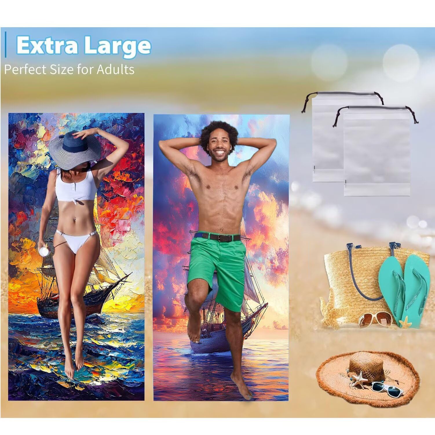 Ręcznik plażowy 90 x 200 cm, zestaw 2 dużych ręczników z mikrofibry szybkoschnący, chłonny, kompaktowy, ręcznik kąpielowy bez piasku Letni koc plażowy damski do kąpieli Prezent (morski żaglowiec) H