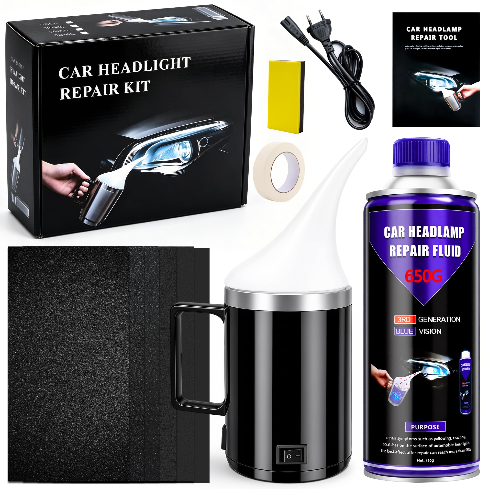 Rinnova Fari Auto Kit 650 ml - Kit Lucidatura Fari Auto, Pulisci Fari Auto Opachi, Rinnova Fanali per Riparazione Ingiallimento Graffio Sfocatura Ossidazione