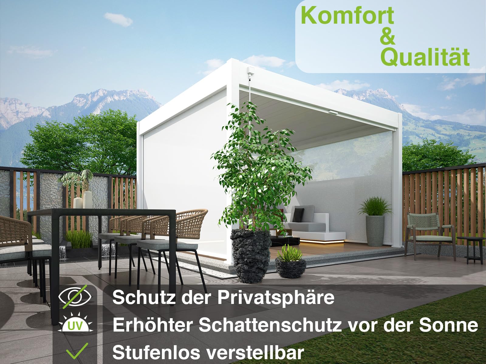 Weide Pavillon Sonnenrollo Ausziehbare Senkrechtmarkise außen für Pergola Sichtschutz Rollo 255cm hoch aus Aluminium, Textil wasserdicht stabil UV-Schutz (3,0 Meter, Weiß) für Alu-Pavillon Weide