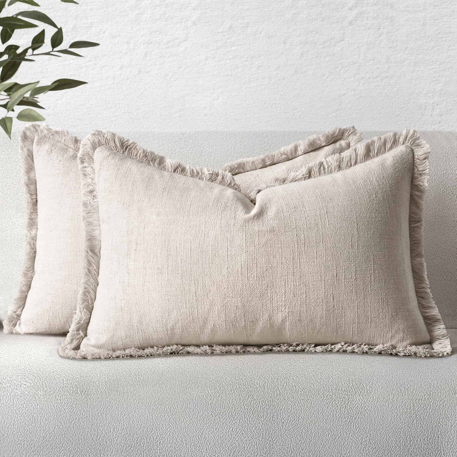 MIULEE Decorative Lumbar Throw Pillow Covers Neutral Linen Fringe Throw Pillows Set of 2 Natural Beige Boho Farmhouse Cushion Covers for Couch Sofa Bed Living Room Spring Home Decor 12x20 Inch 20" x 12" (Pack of 2) Natural Beige