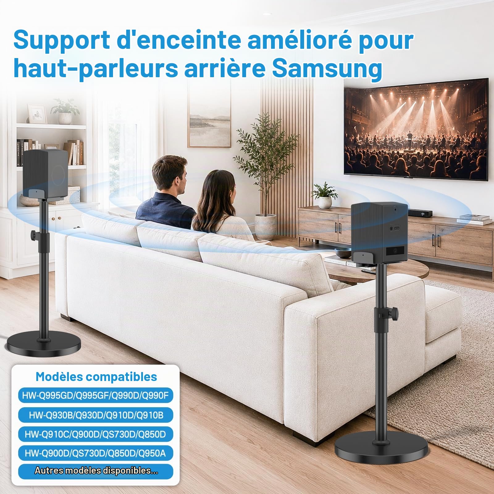 Paire de supports de haut-parleurs pour Samsung HW Rear Speaker, pour Q995H/Q995GD/Q995GF/Q930F/Q990D/Q990F, hauteur réglable de 29 à 37,5 pouces, double côté pour haut-parleurs arrière Samsung de 5 à
