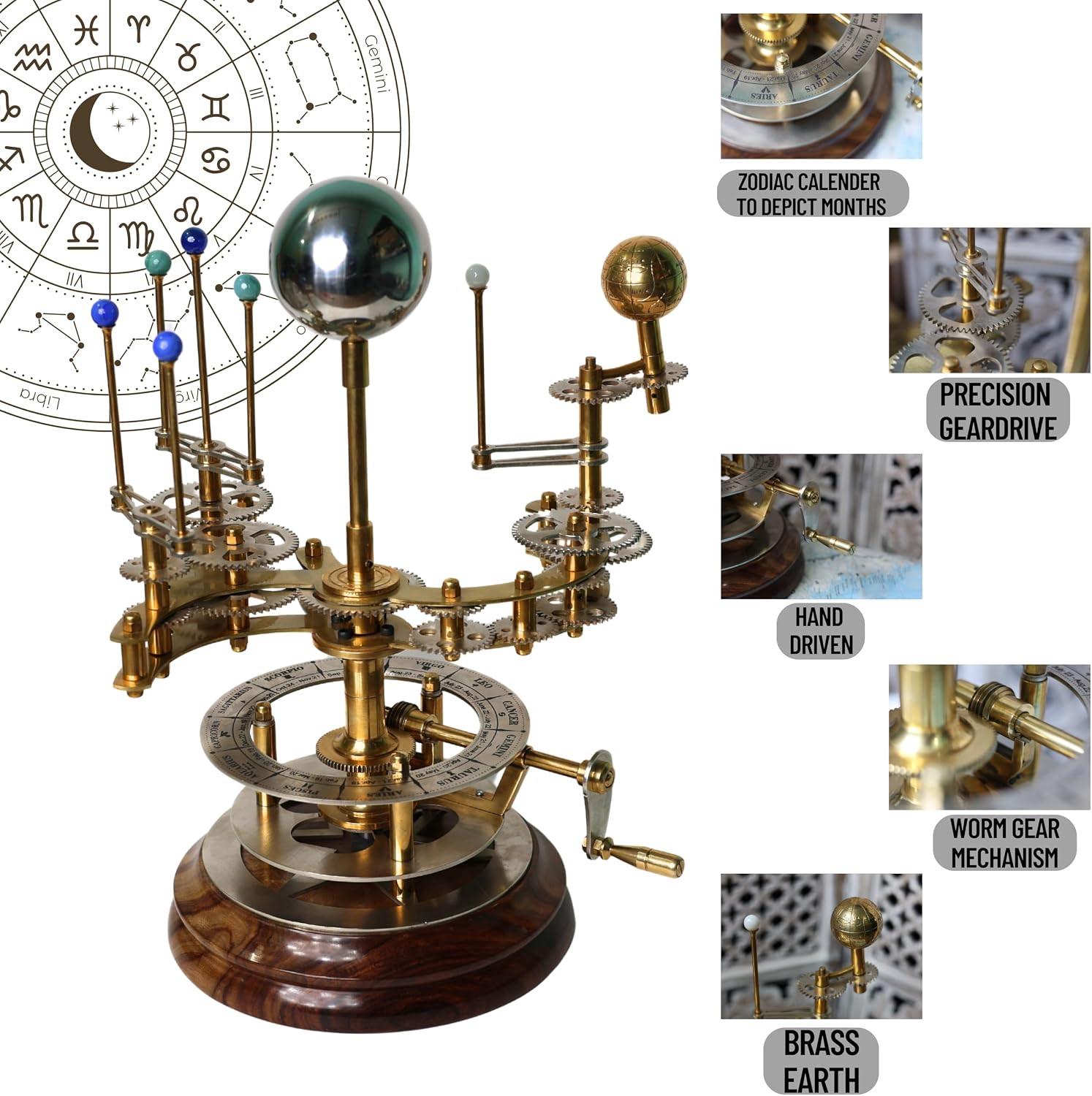 Brass Frame Orrery – Handcrafted Solar System Model with Precision Gears | Functional Astronomical Tellurion for Luxury Decor, Collectors & Science Enthusiasts