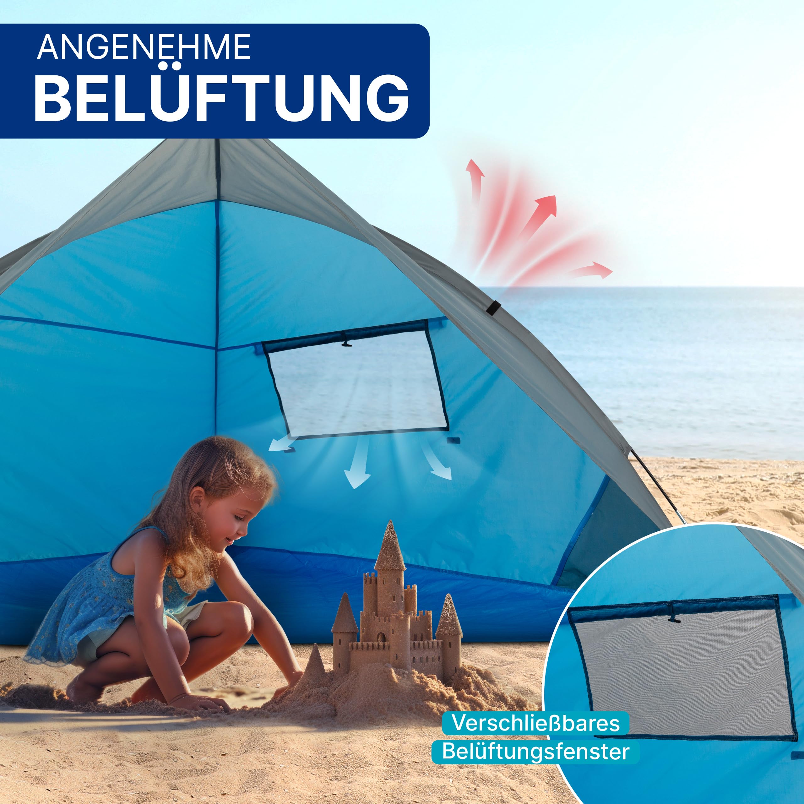 EXPLORER Reise Strandmuschel mit UV Schutz 80+ [240x125x125cm] kleines Packmaß [9x32cm] leicht [1Kg] Strandzelt Sonnenschutz & Windschutz Muschel Reiseformat