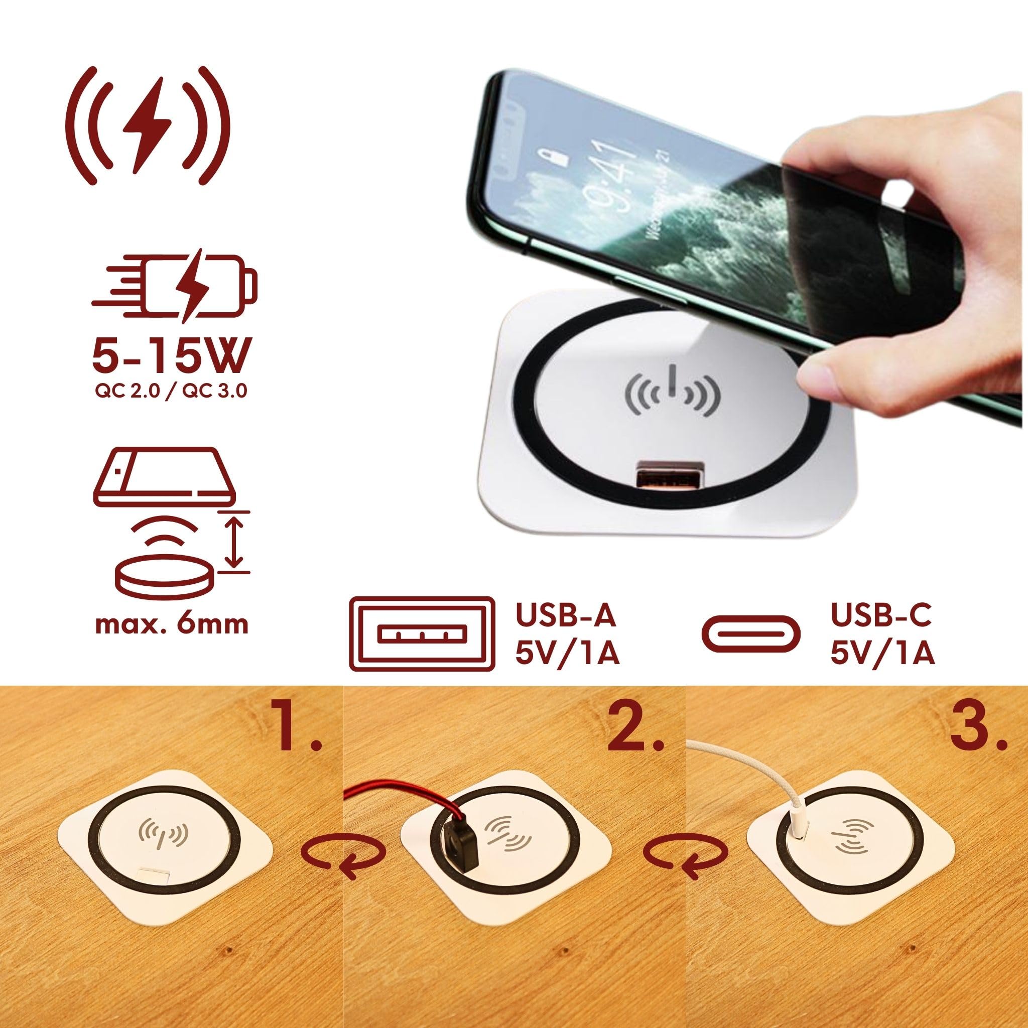 Kalb | QI szybka ładowarka do zabudowy 15 W biała 7,5 cm Ø - Smart Wireless USB Charger, port USB, port USB-C