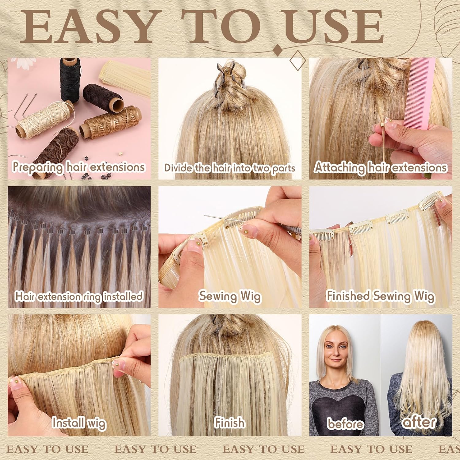 Yuxung 2500 Pcs Hair Extensions Micro Rings Links Beads and 5 Rolls Extensions Sewing Thread and 10 Pieces C/J/I Needles Kit for Human Hair Hand Sewing Wig DIY Craft