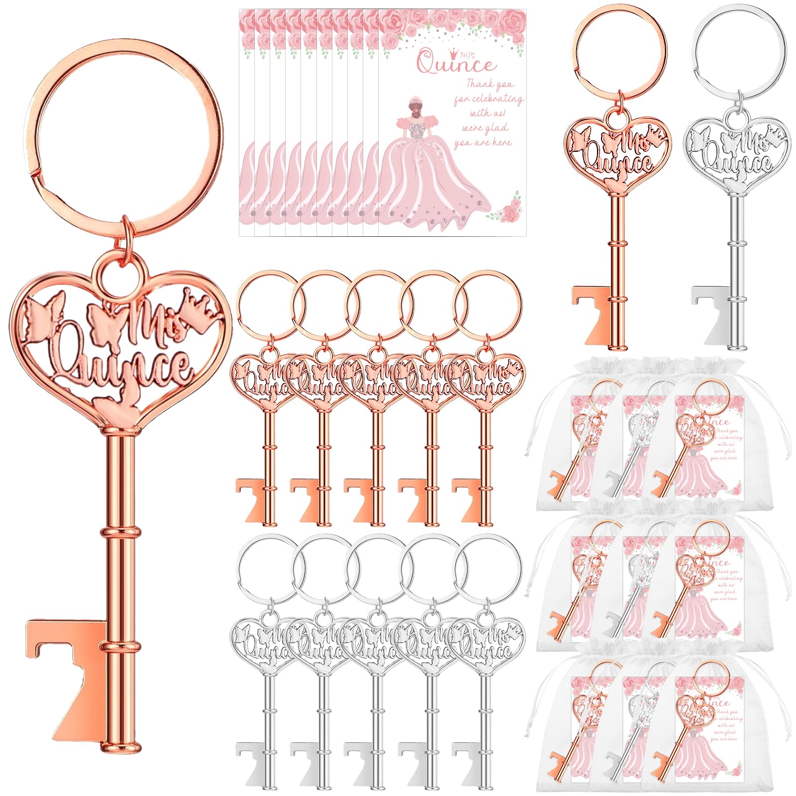 50 Set Quinceanera Party Favors for Guests Mis Quince Butterfly Bottle Opener Keychain Thank You Cards Organza Bags Quinceanera Gifts Mis Quinceaños Supplies for 15 Birthday Party Souvenir Gift