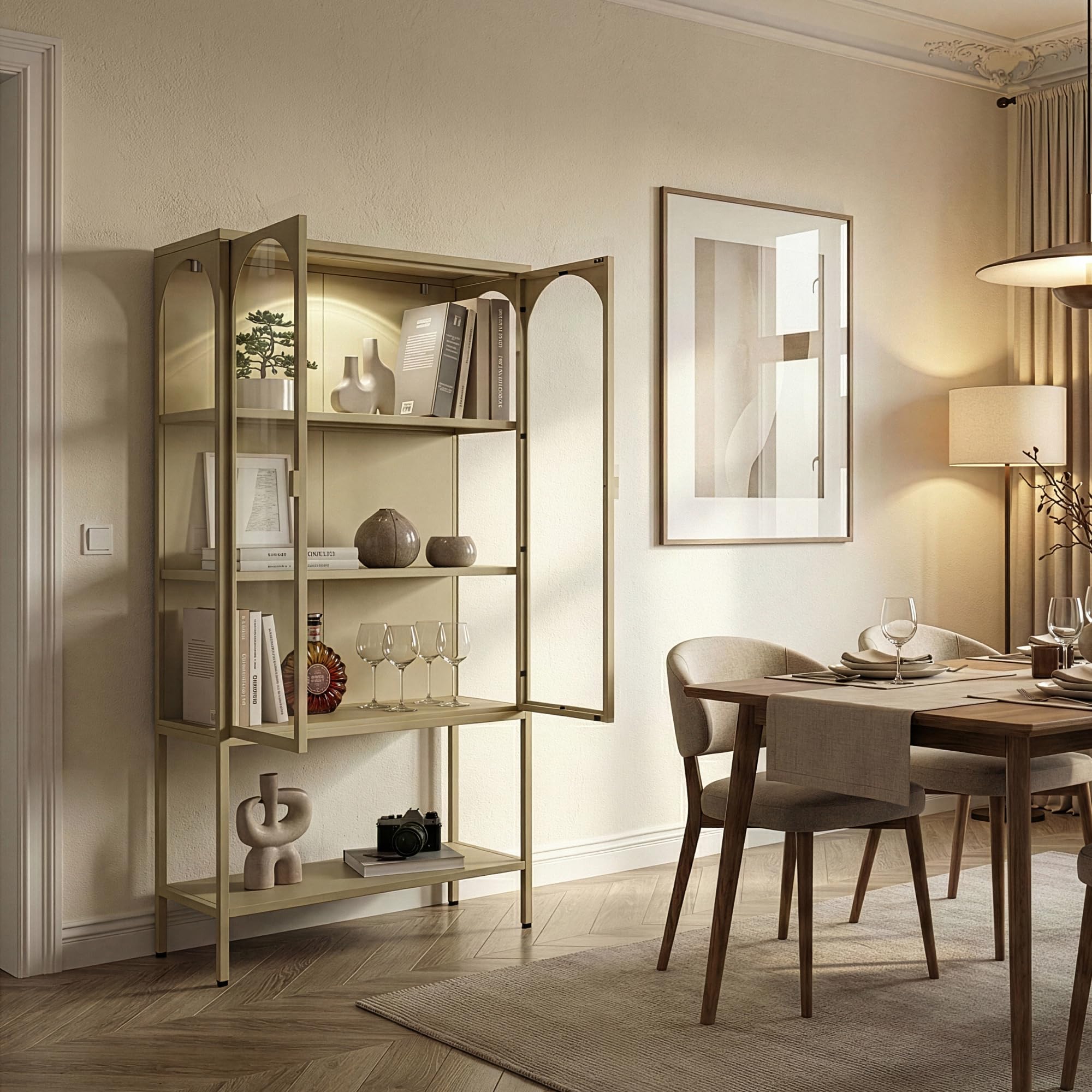 [en.casa] Vitrina Klippestad Aparador Alto 1 con Estante Inferior 2 Puertas de Cristal Transparente 3 Compartimentos Cerrados Mueble Auxiliar para Cocina Comedor Oficina Acero 160 x 80 x 35 cm - Camel