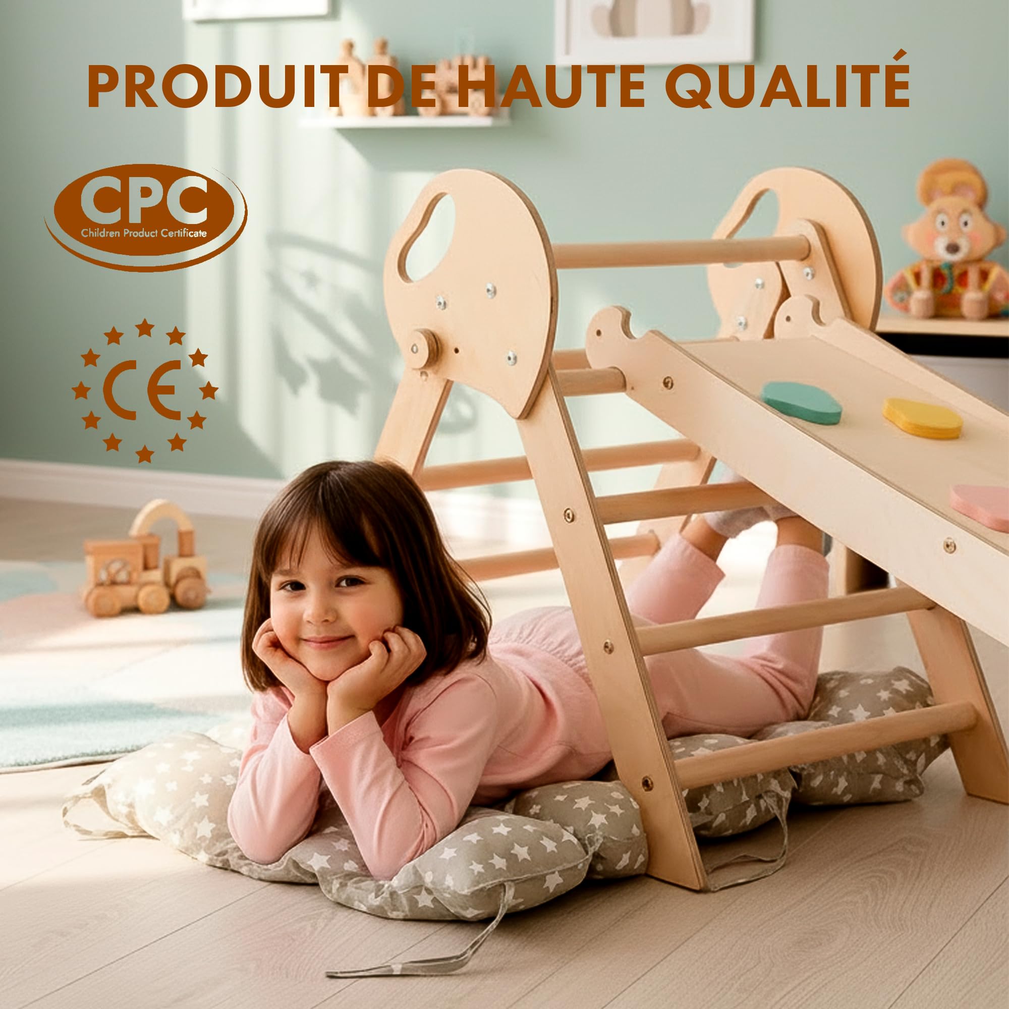 Goodevas Cadre d'escalade 5 en 1 pour enfants – Échelle triangulaire, arche d'escalade, planche d'équilibre et coussin, cadre d'escalade Montessori, gym en bois pour enfants de 1 à 3 ans