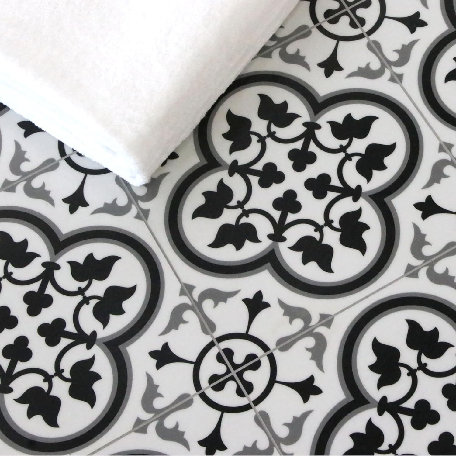 INNO STCIEKRS 16-Sheet Peel and Stick Floor and Wall Tile for Bathroom Kitchen, 9" x 9" Patterned Black SPC Self-Adhesive Vinyl Flooring Encaustic Groutable Backsplash Tile, Covers 9.12 Sq. Ft.