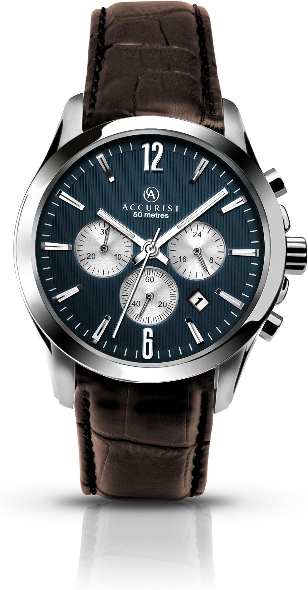 Accurist Mens Japanese Quartz Sports Chronograph Watch, 50m Water Resistant, Genuine Leather Strap, Stainless Steel Case And Buckle, 2 year guarantee.